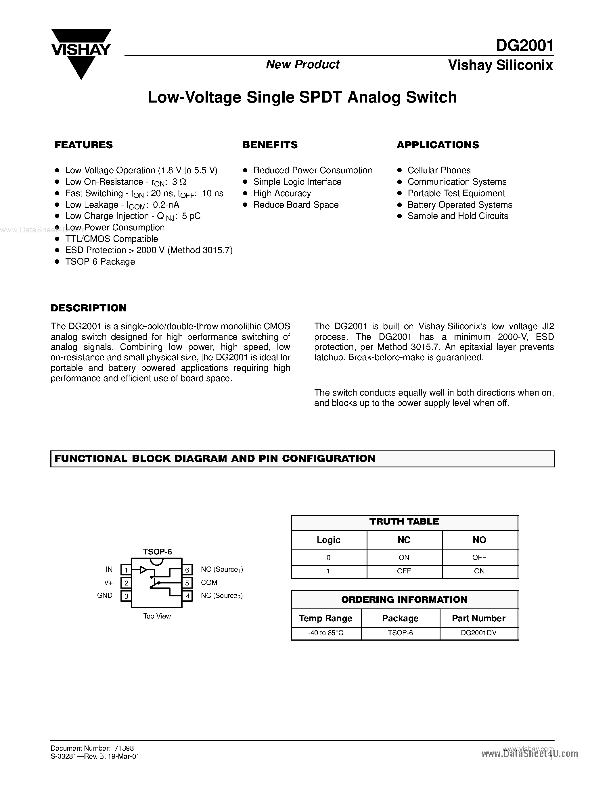 Даташит на микросхему DG2001 страница 1 Даташит DG2001 - LOW - VOLTAGE SINGLE SPDT ANALOG SWITCH страница 1