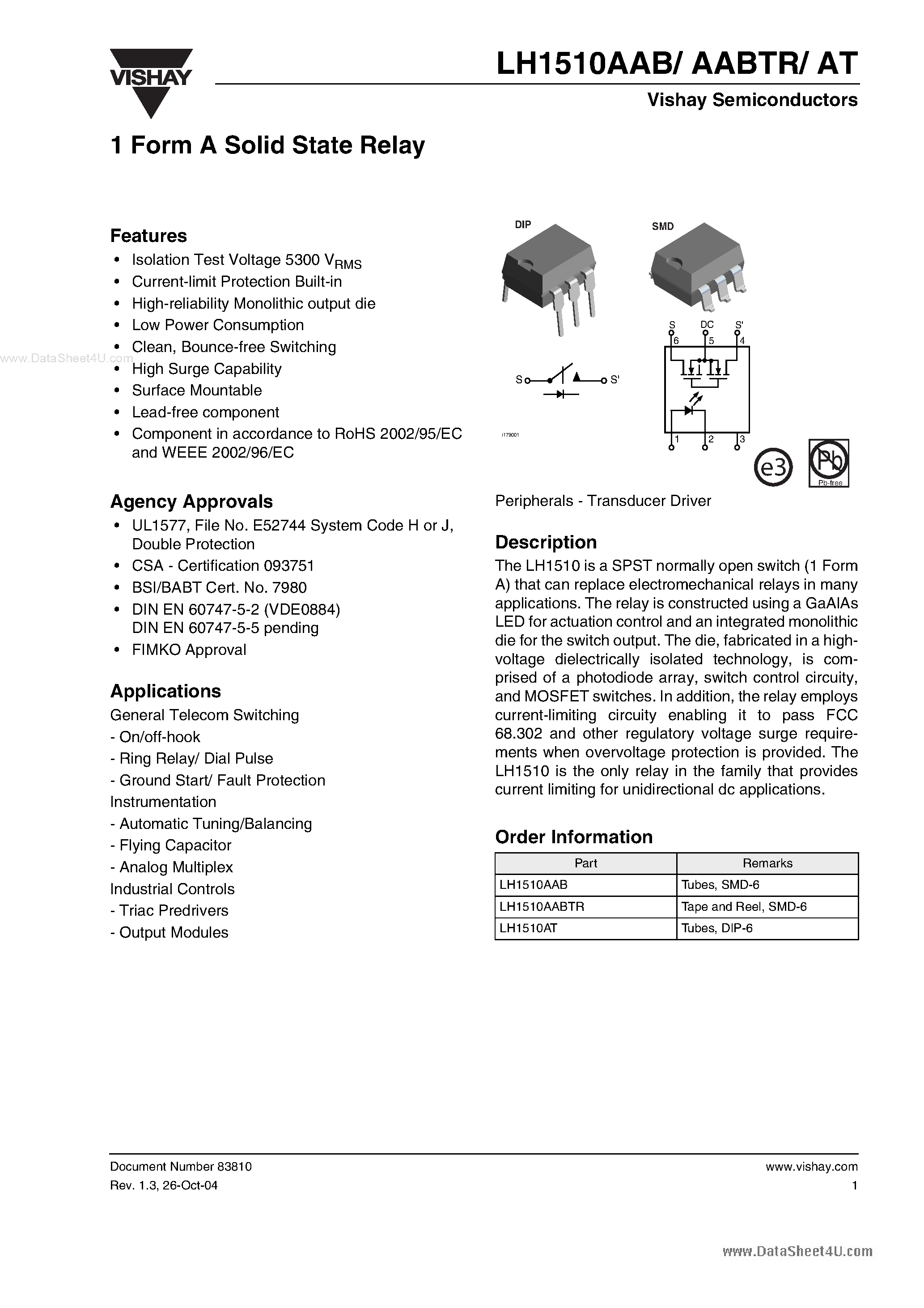 Datasheet LH1510AAB - 1 Form A Solid State Relay page 1