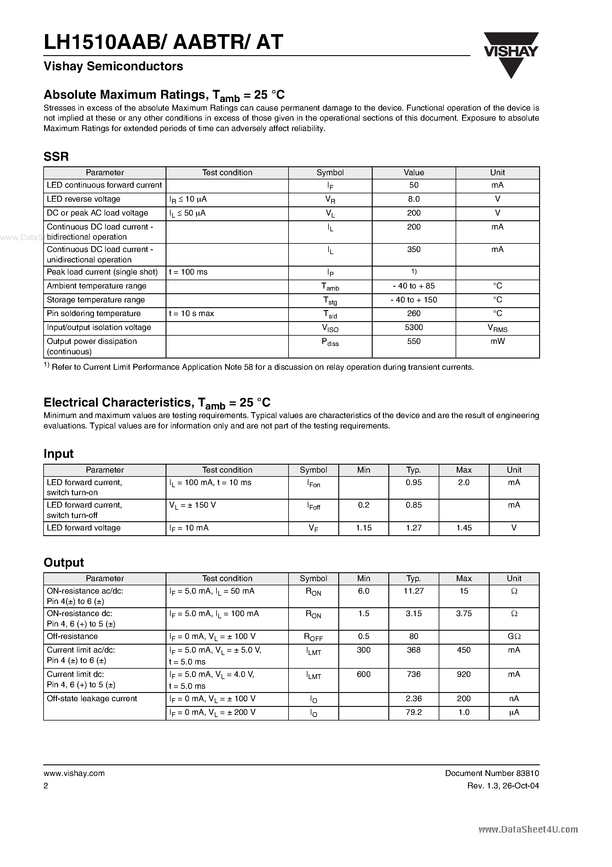 Datasheet LH1510AAB - 1 Form A Solid State Relay page 2