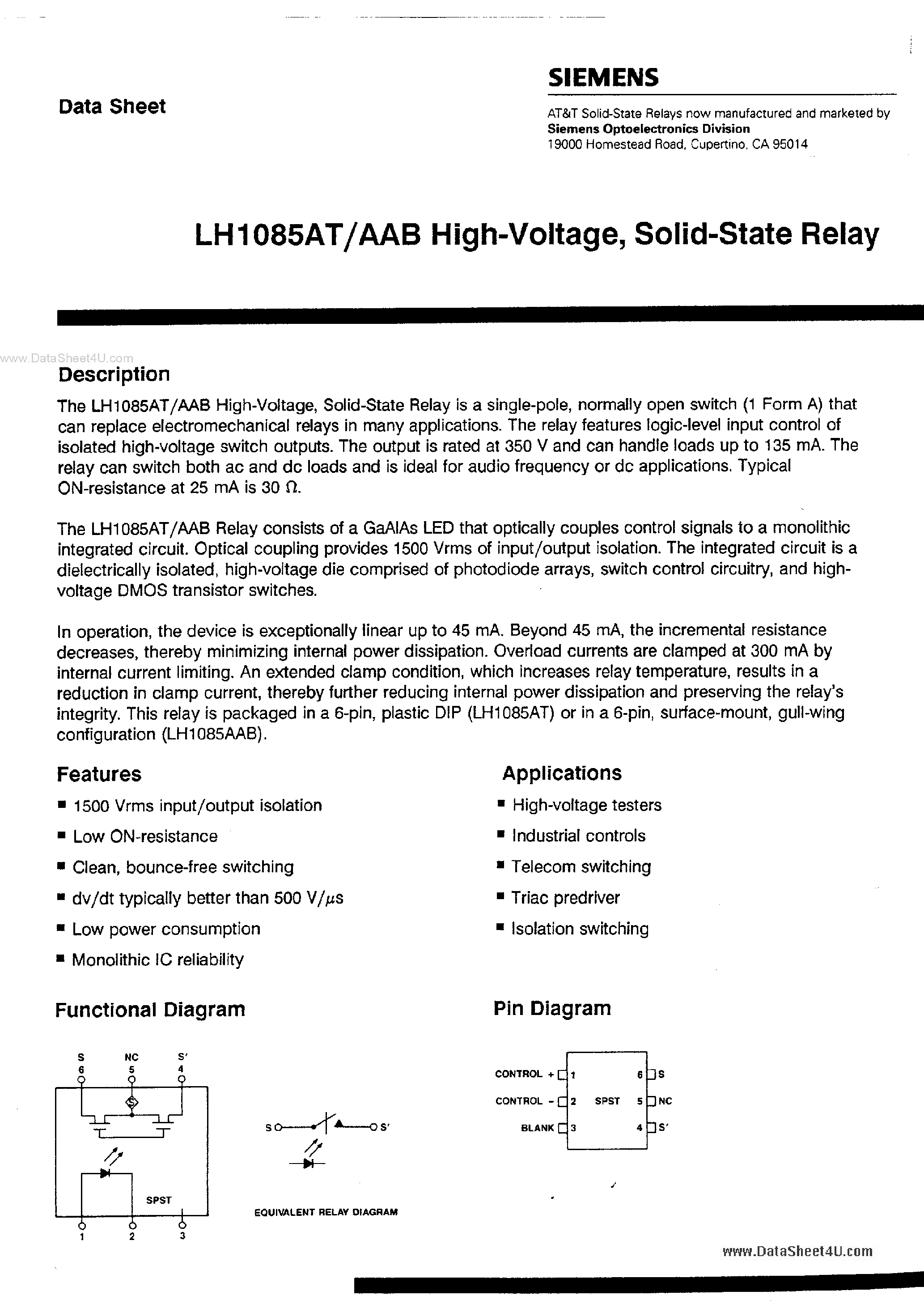 Даташит LH1085AAB - High Voltage Solid State Relay страница 1