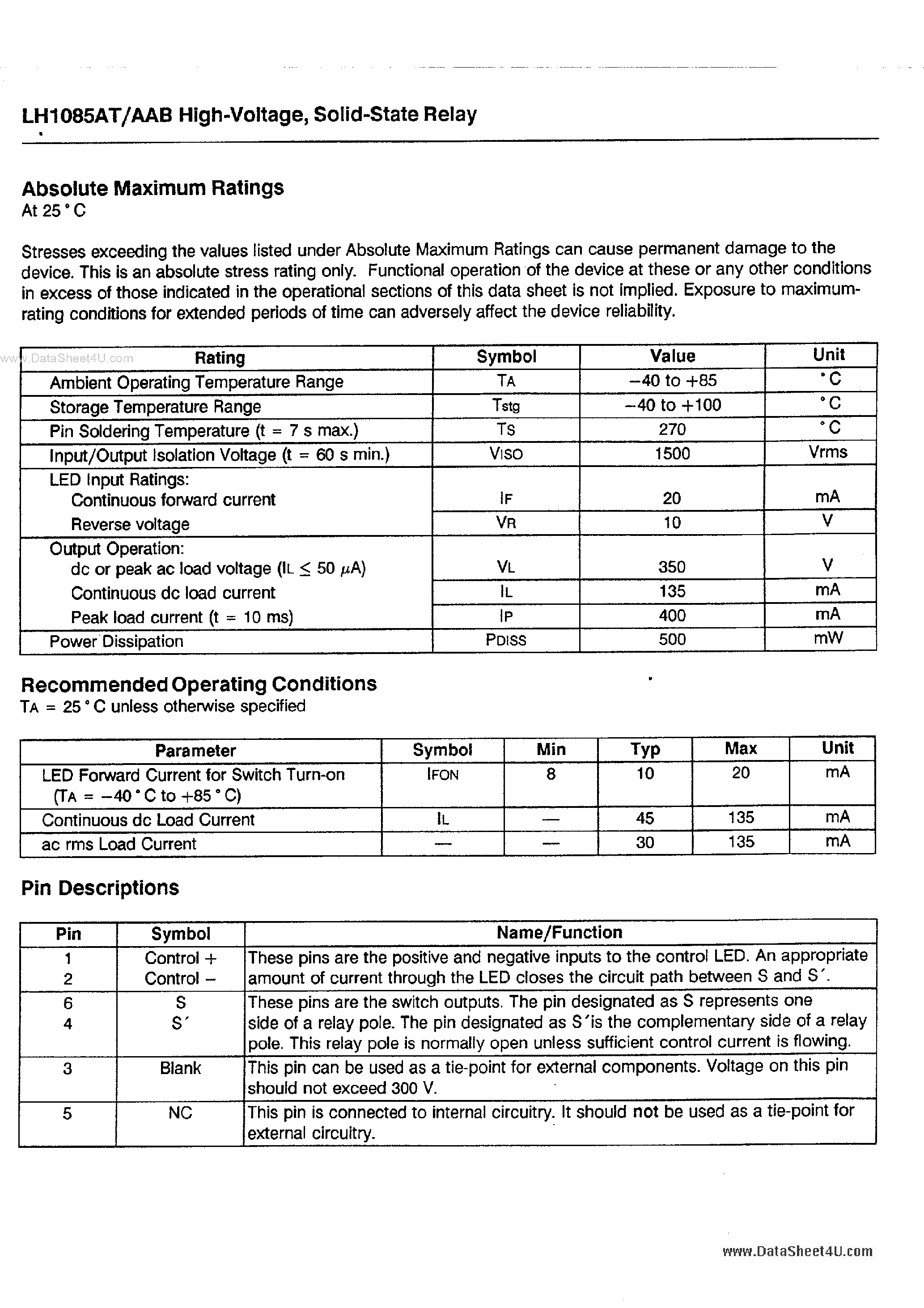 Даташит LH1085AAB - High Voltage Solid State Relay страница 2