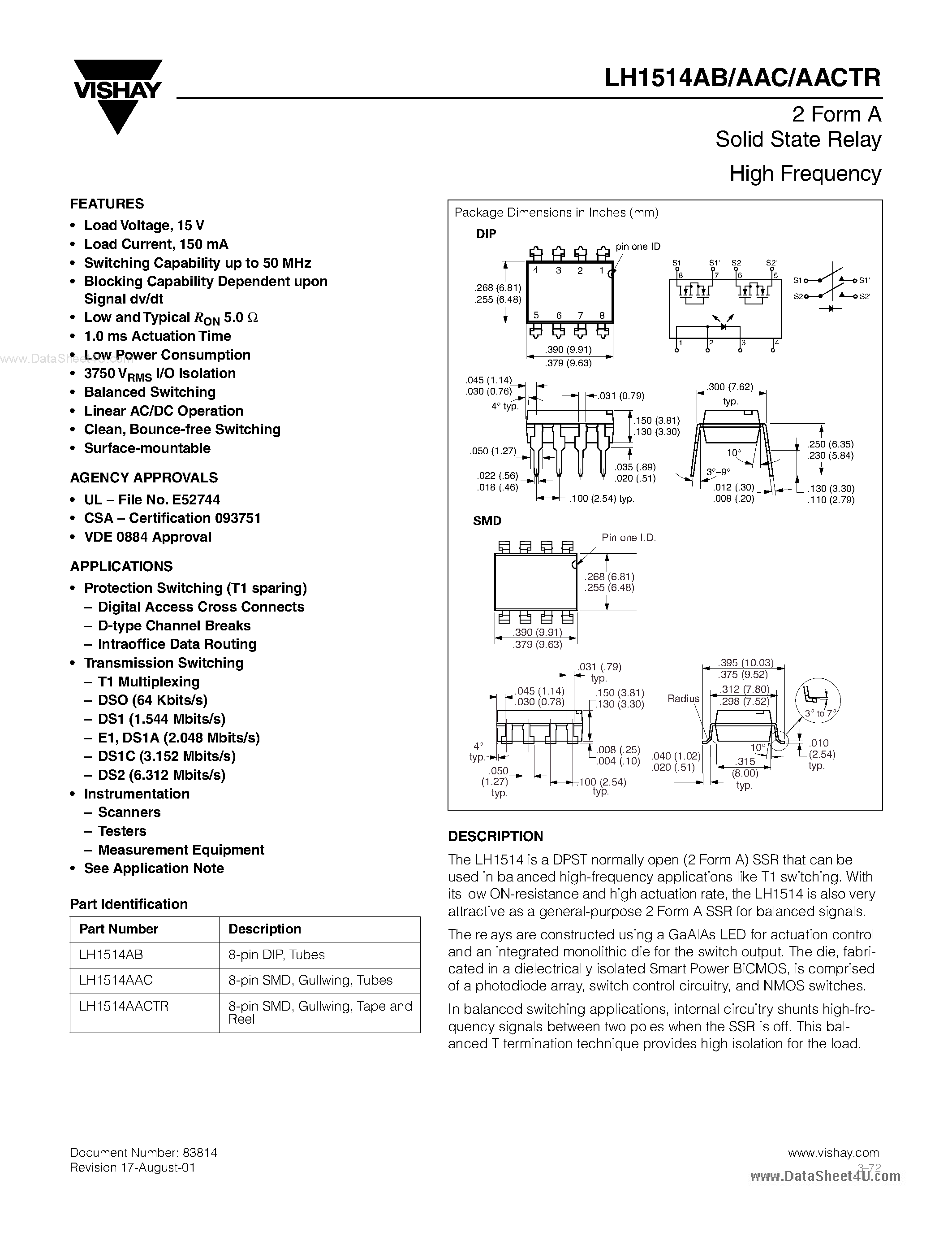 Даташит LH1514AACTR - Solid State Relay High Frequency страница 1
