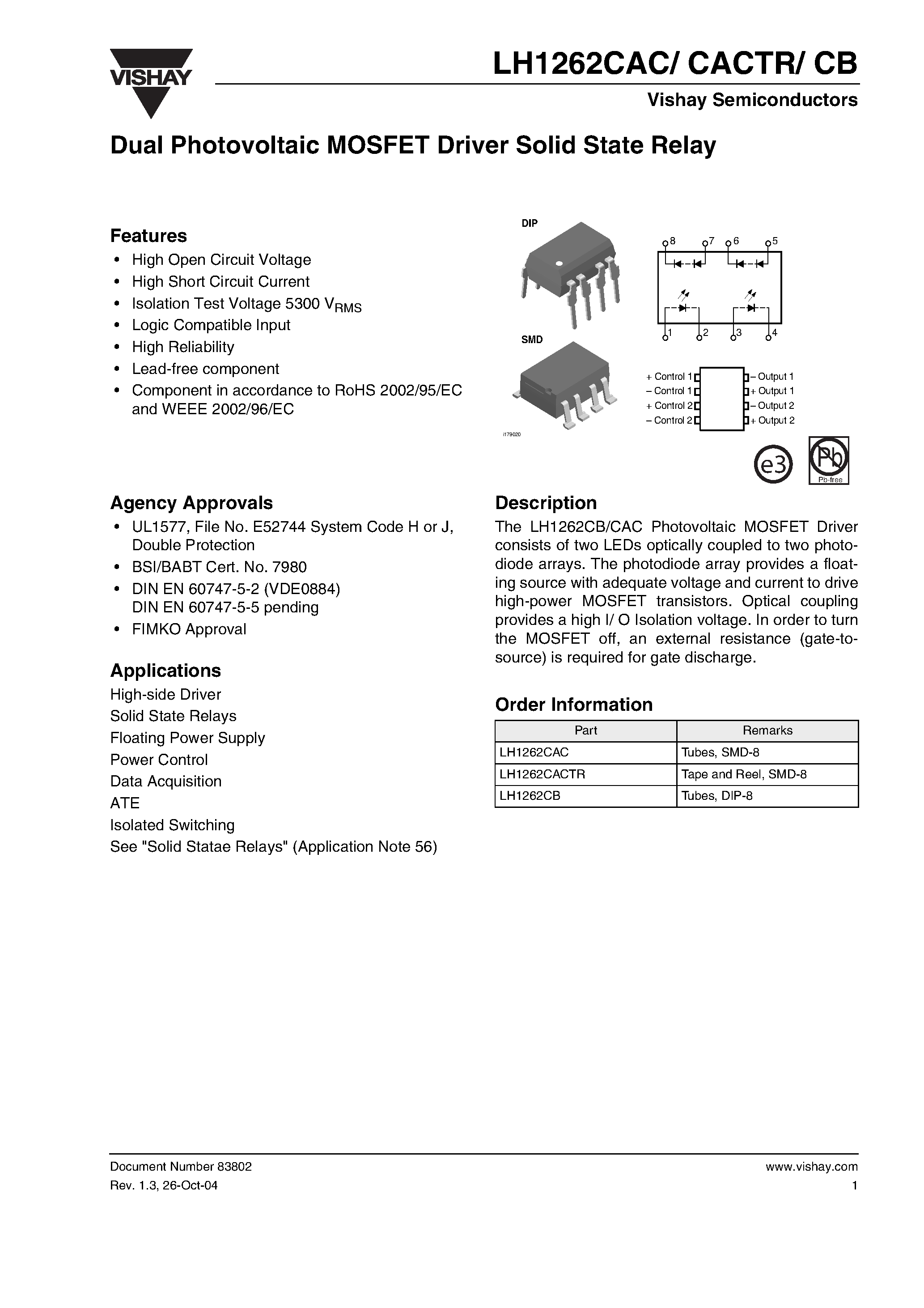 Даташит LH1262C - Dual Photovoltaic MOSFET Driver Solid State Relay страница 1