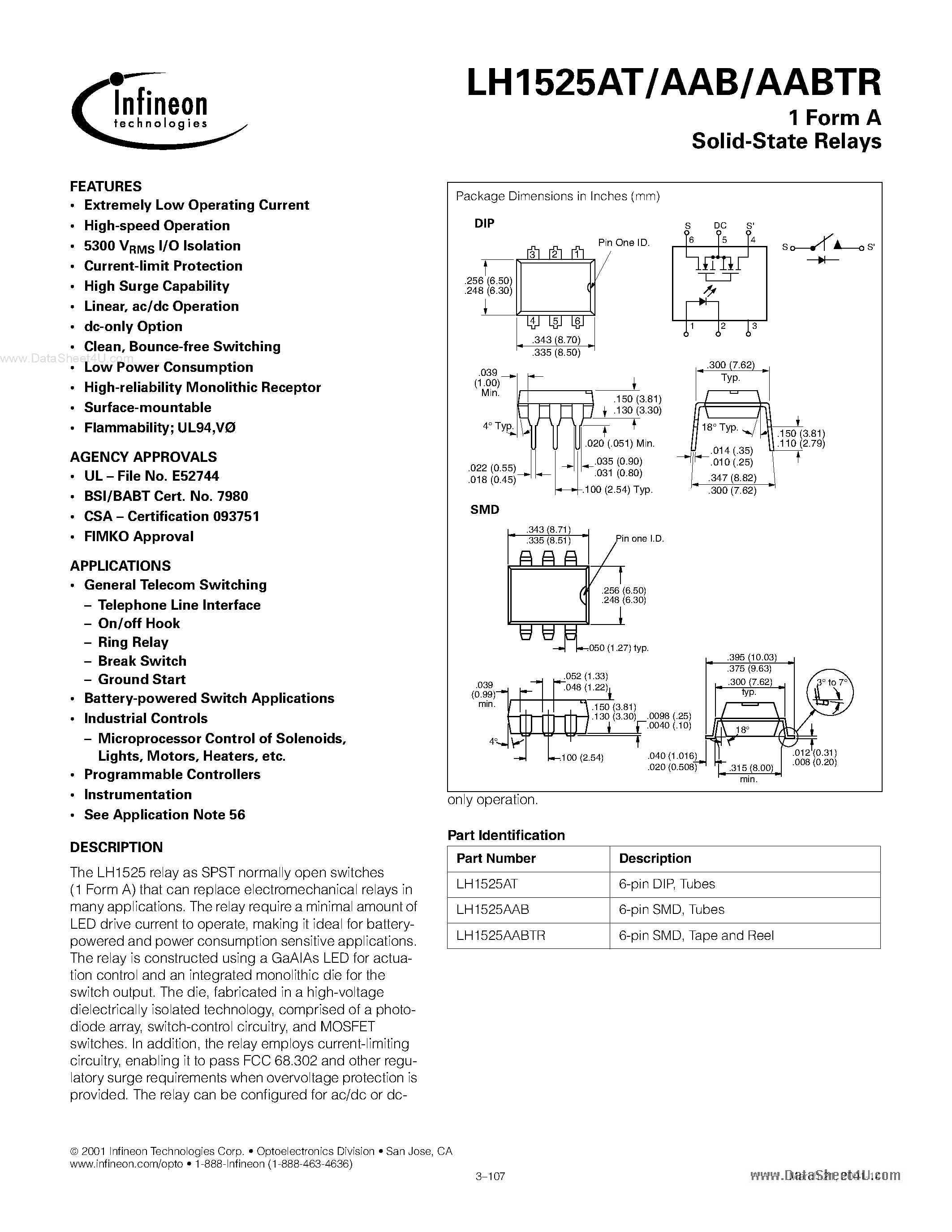 Datasheet LH1525AAB page 1 Datasheet LH1525AAB - 1 Form A Solid State Relay page 1