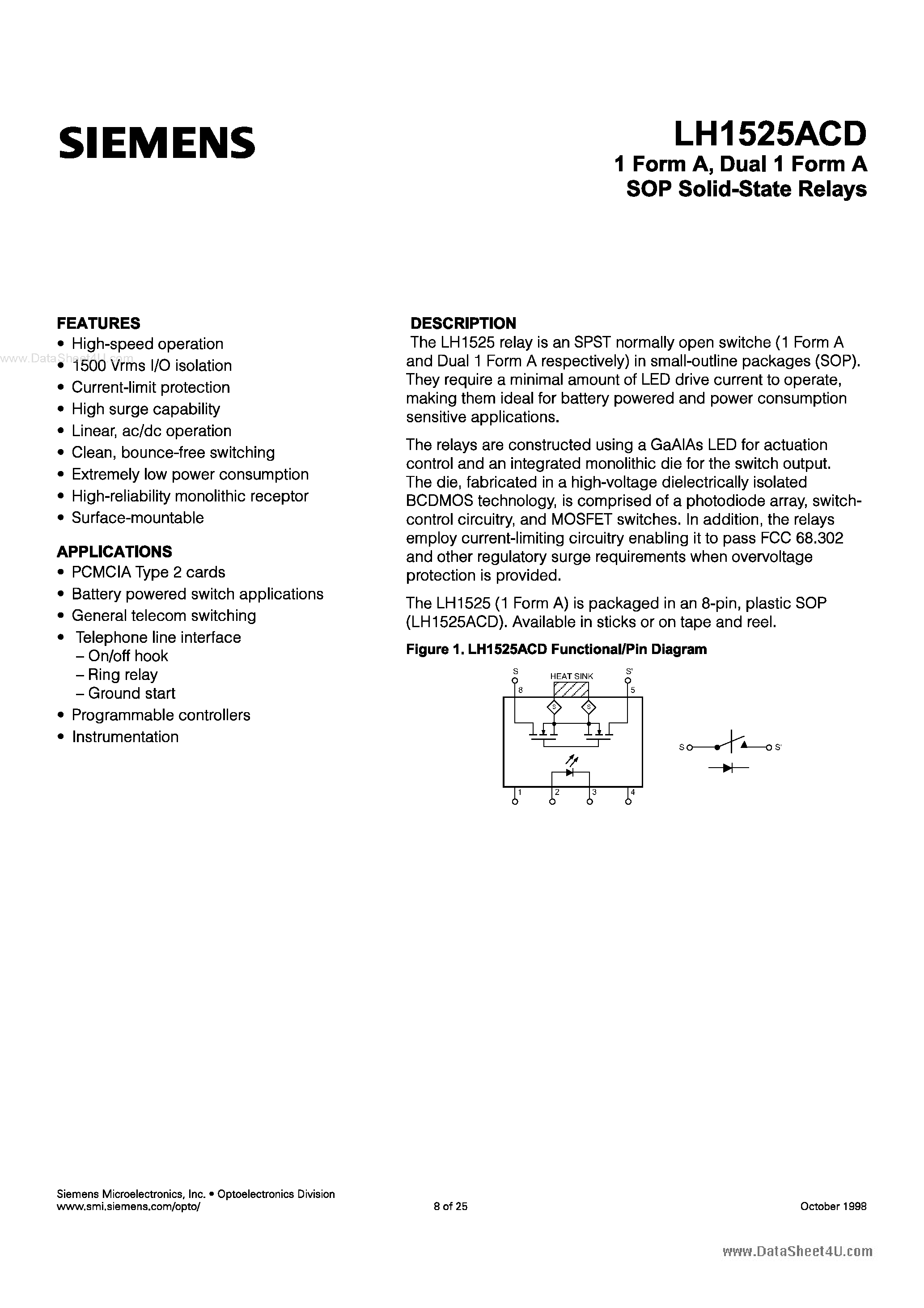 Datasheet LH1525ACD page 1 Datasheet LH1525ACD - Dual 1 Form A SOP Relay page 1
