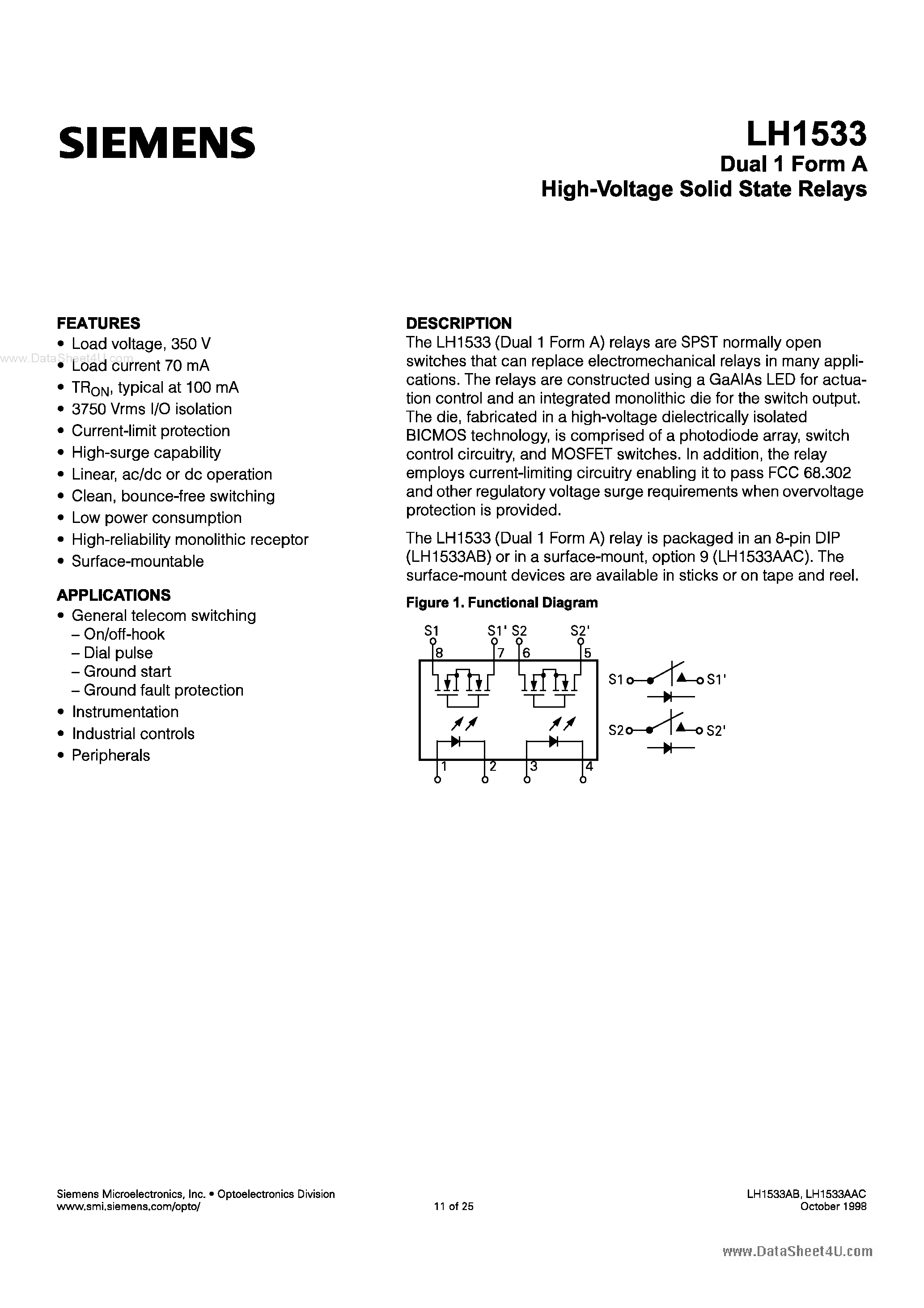 Datasheet LH1533 page 1 Datasheet LH1533 - Dual 1 Form A High Voltage Relay page 1