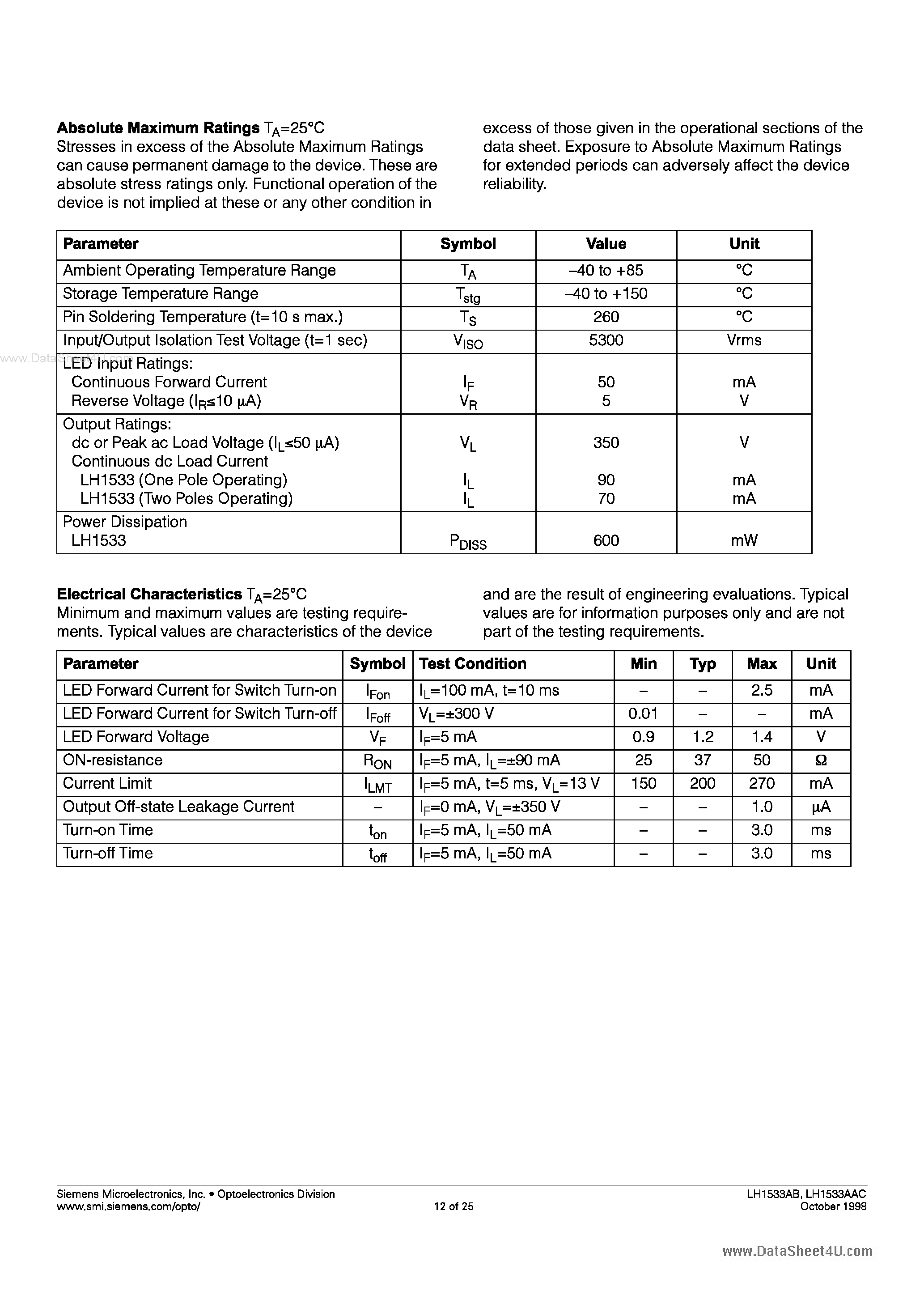 Datasheet LH1533 page 2 Datasheet LH1533 - Dual 1 Form A High Voltage Relay page 2