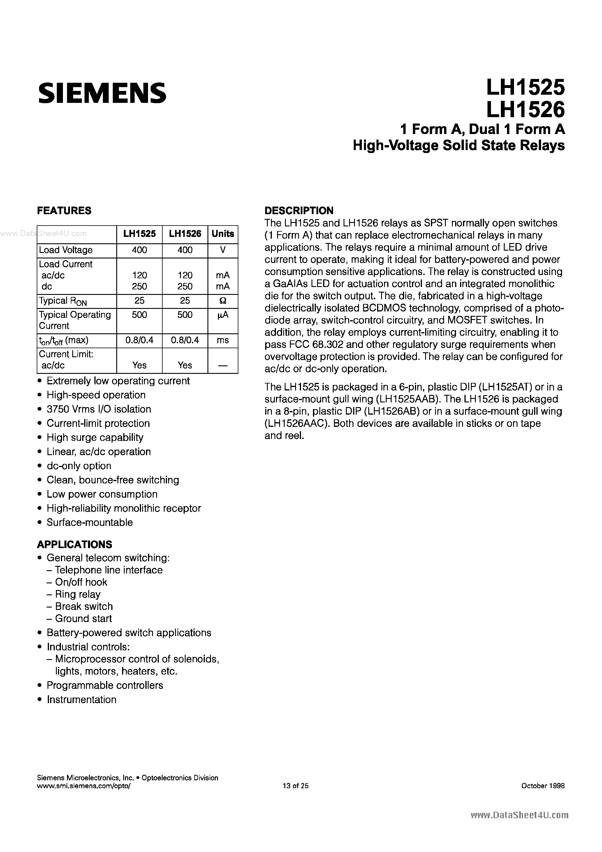Datasheet LH1525 - (LH1525 / LH1526) Dual 1 Form A High Voltage Relay page 1