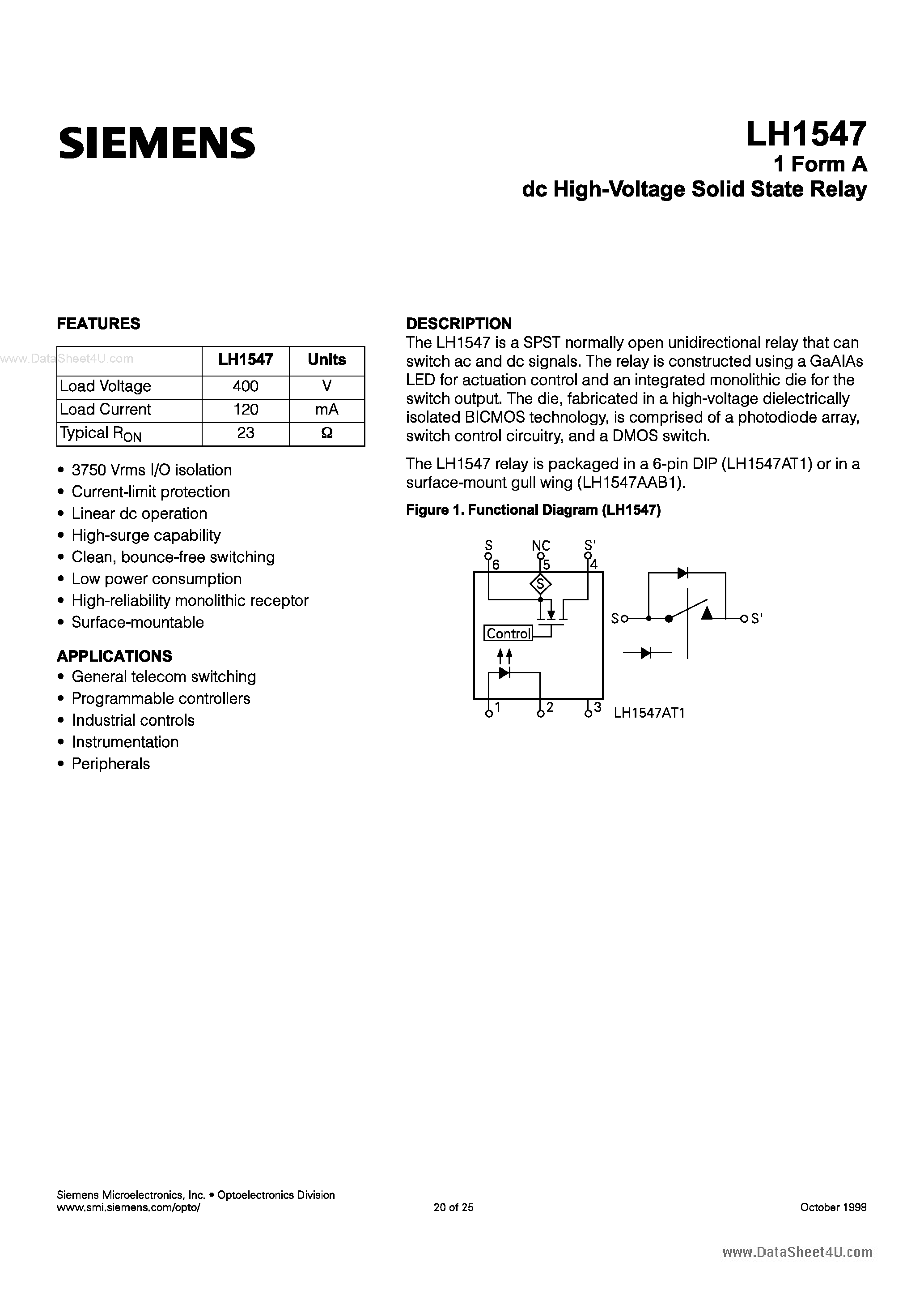 Datasheet LH1547 - 1 Form A DC High Voltage Solid State Relay page 1