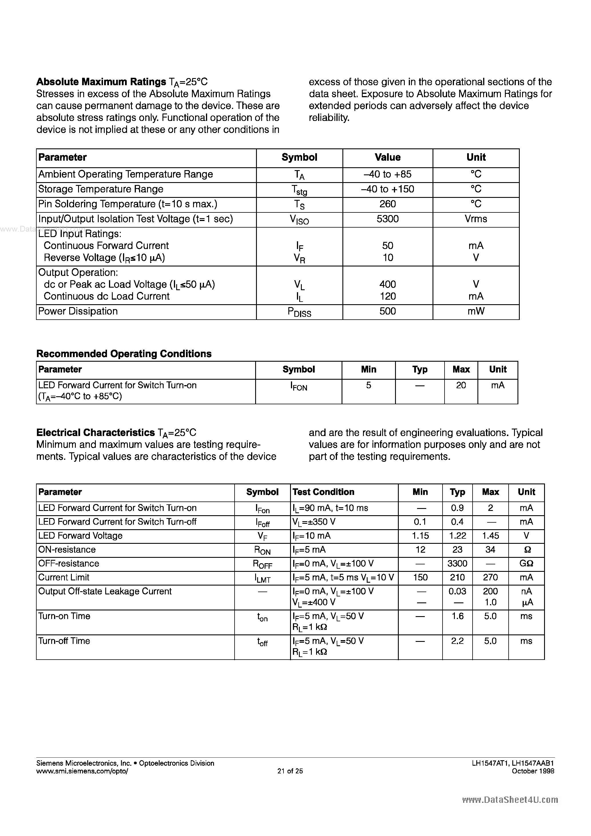 Datasheet LH1547 - 1 Form A DC High Voltage Solid State Relay page 2