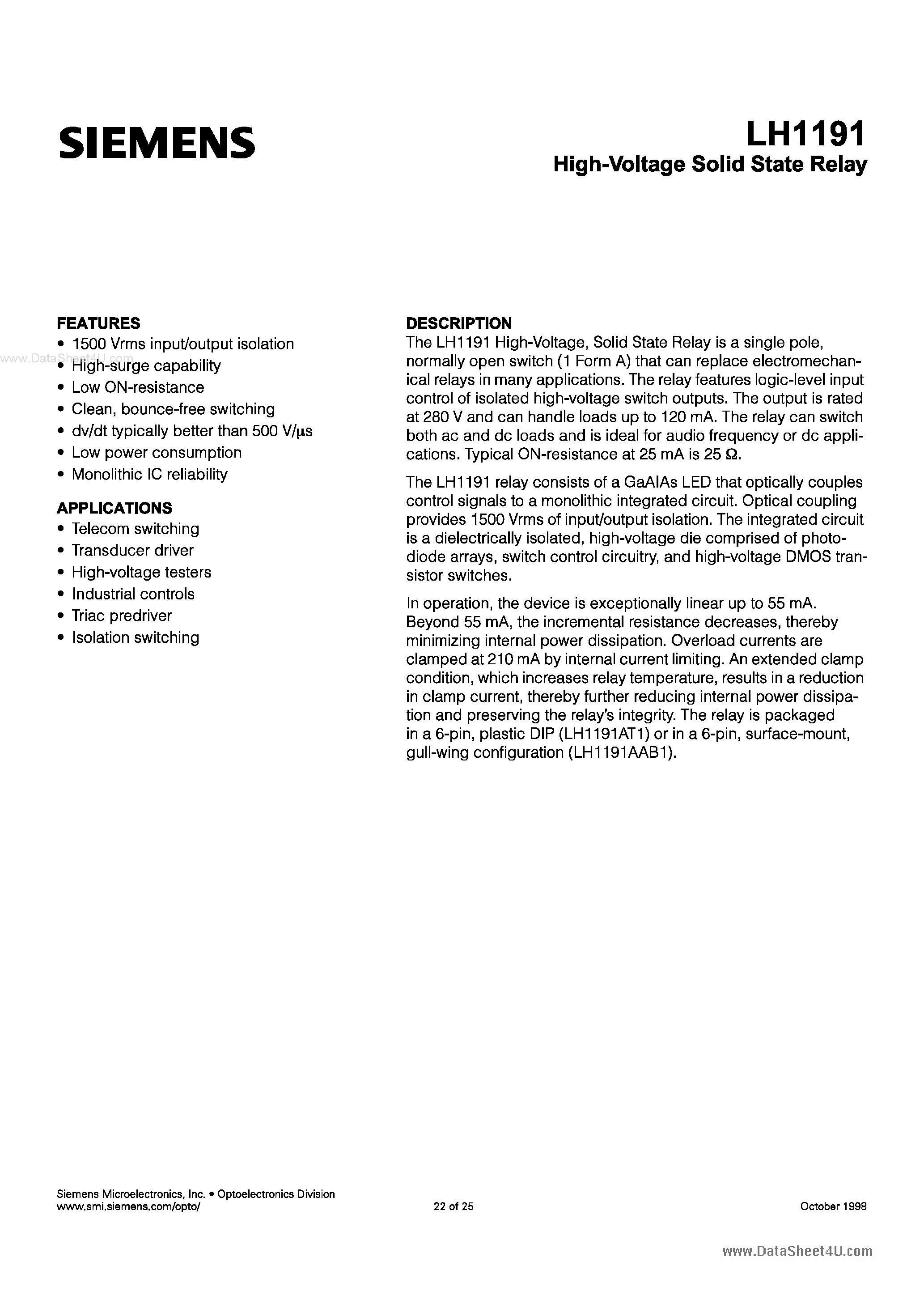 Даташит LH1191 - High Voltage Solid State Relay страница 1