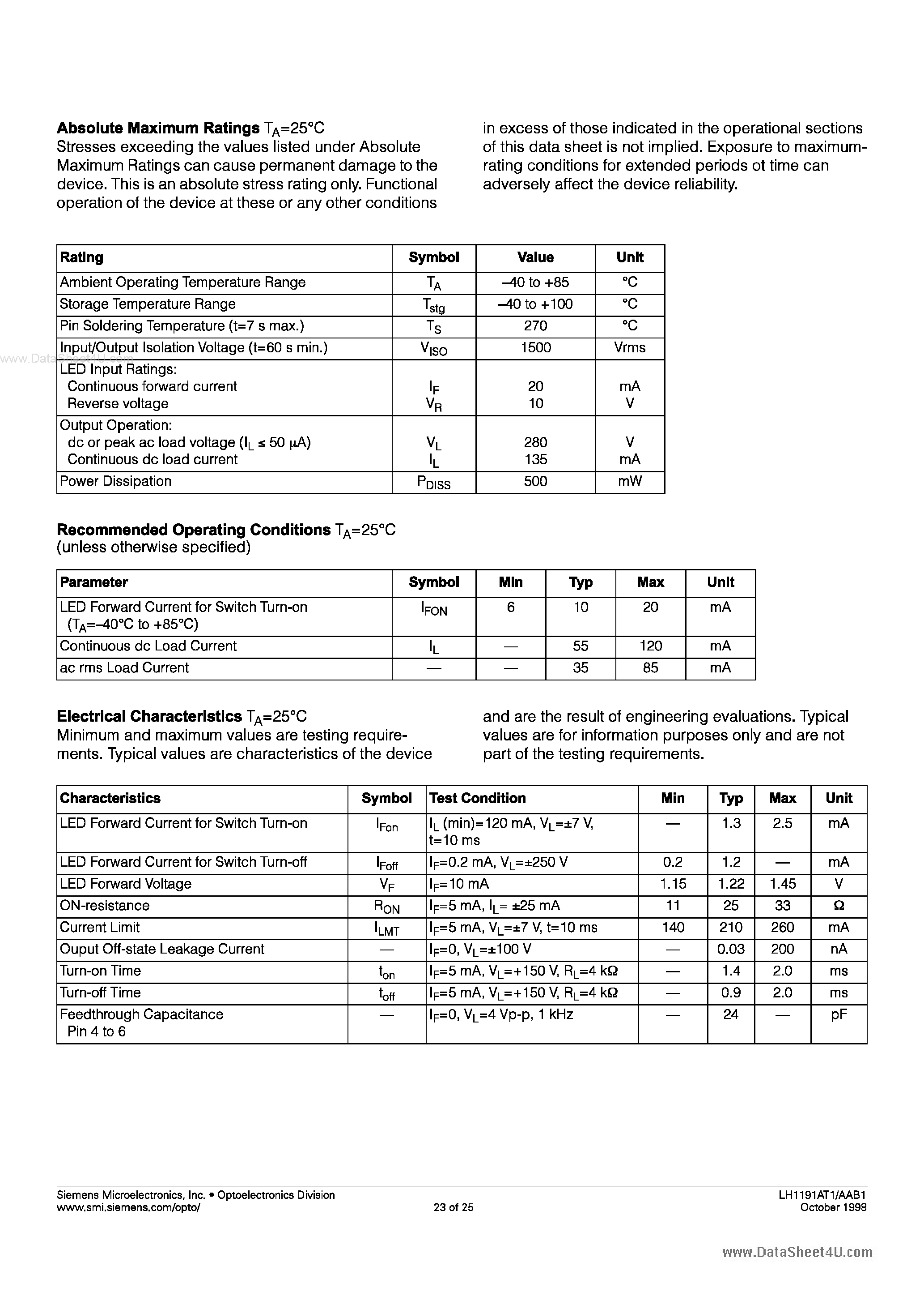 Даташит LH1191 - High Voltage Solid State Relay страница 2