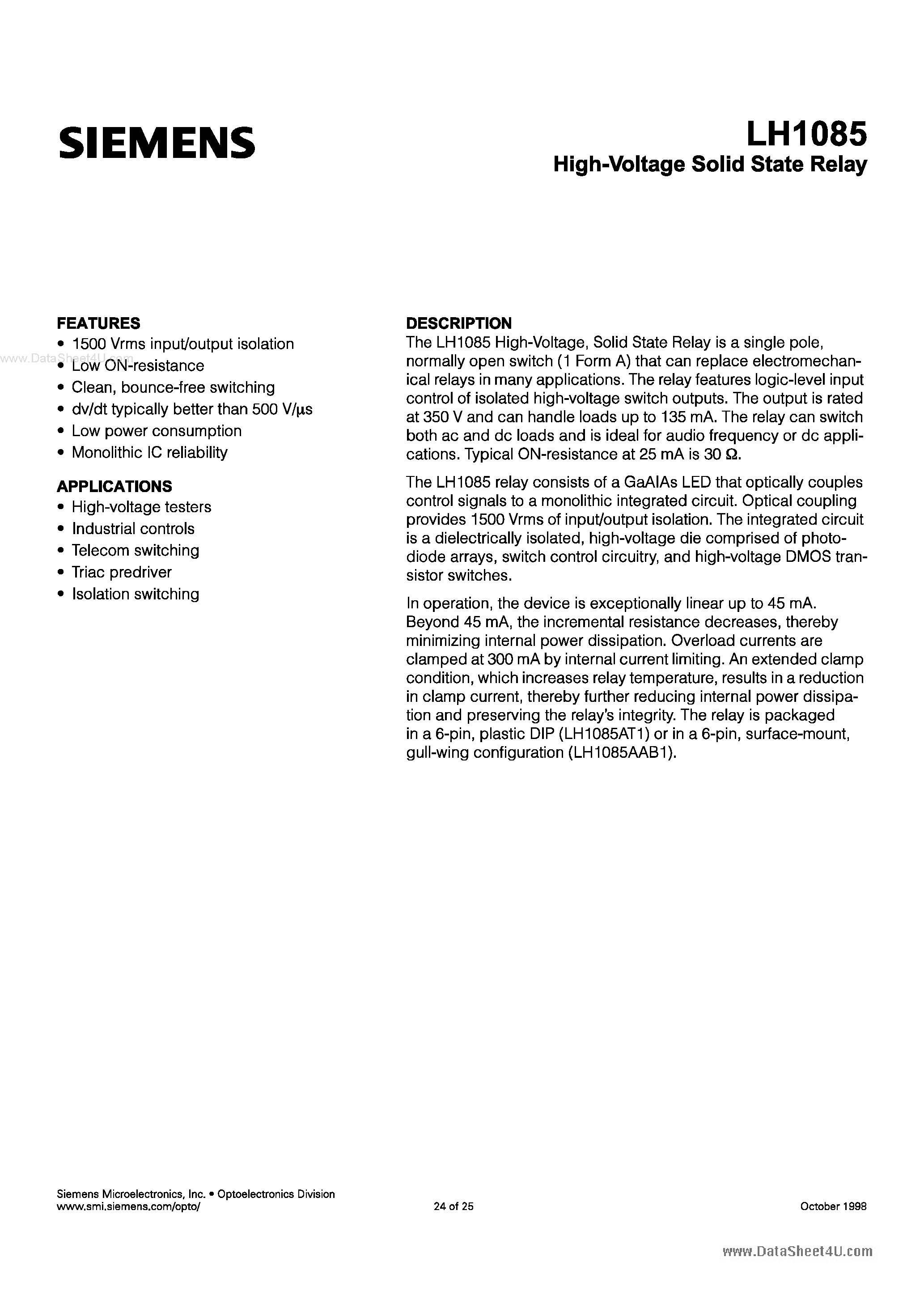 Даташит LH1085 - High Voltage Solid State Relay страница 1