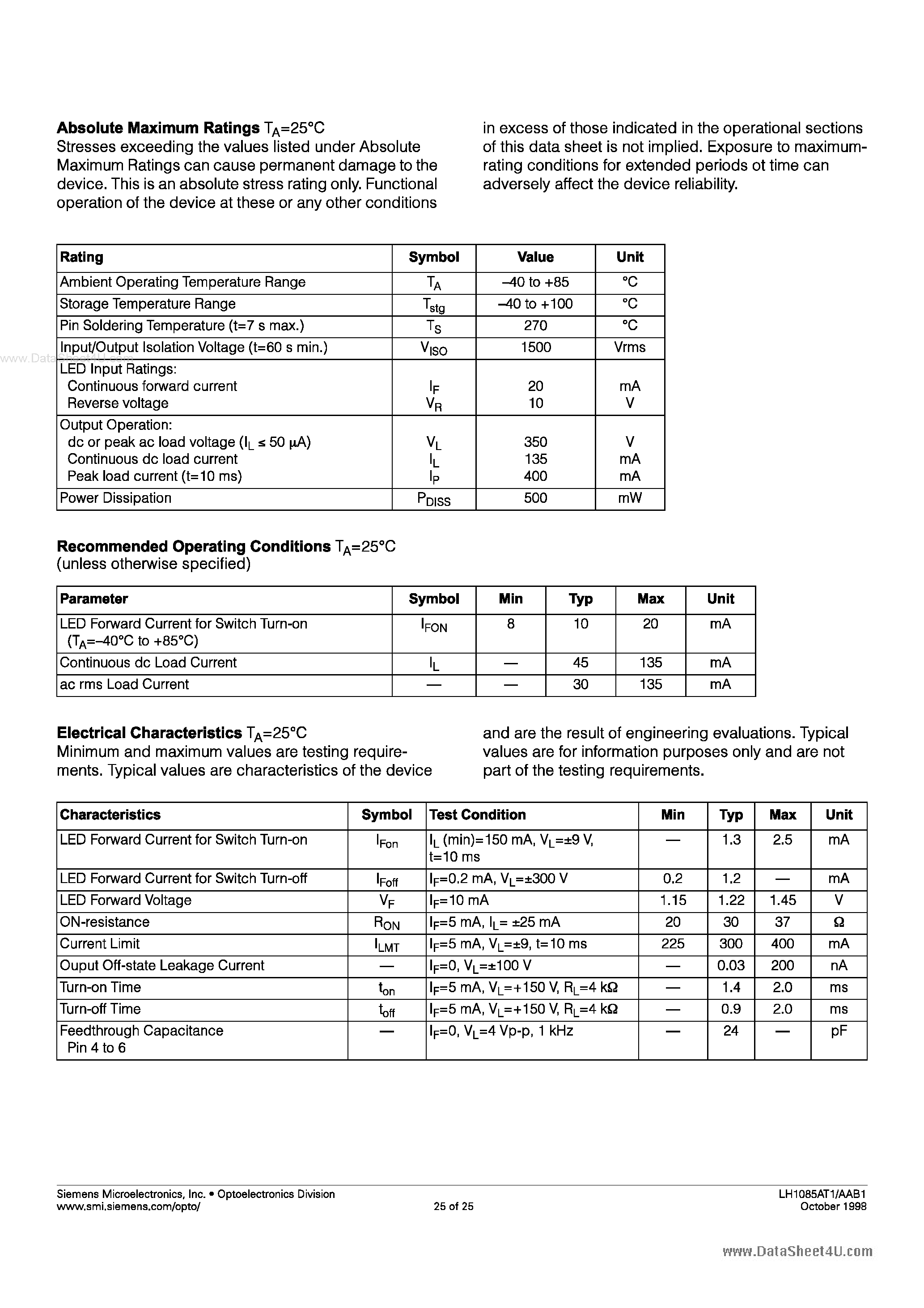 Даташит LH1085 - High Voltage Solid State Relay страница 2