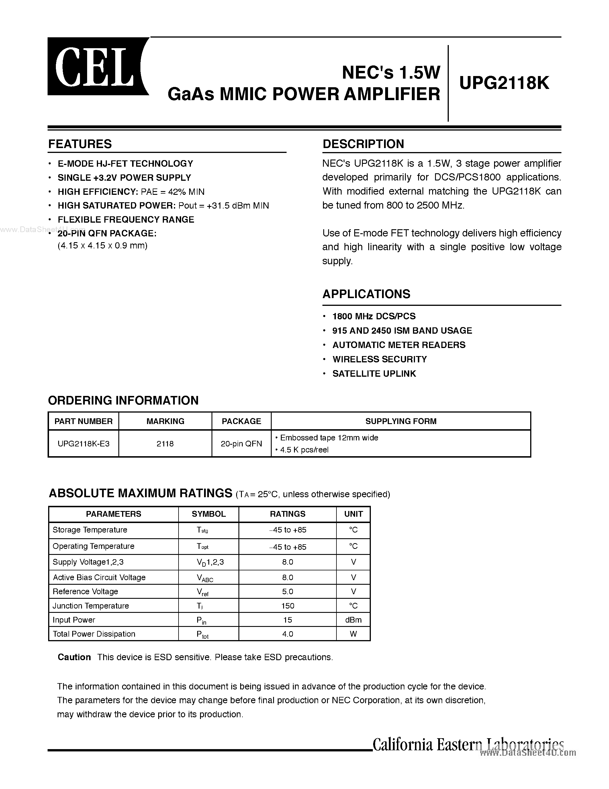 Datasheet UPG2118K - 1.5W GaAs MMIC POWER AMPLIFIER page 1