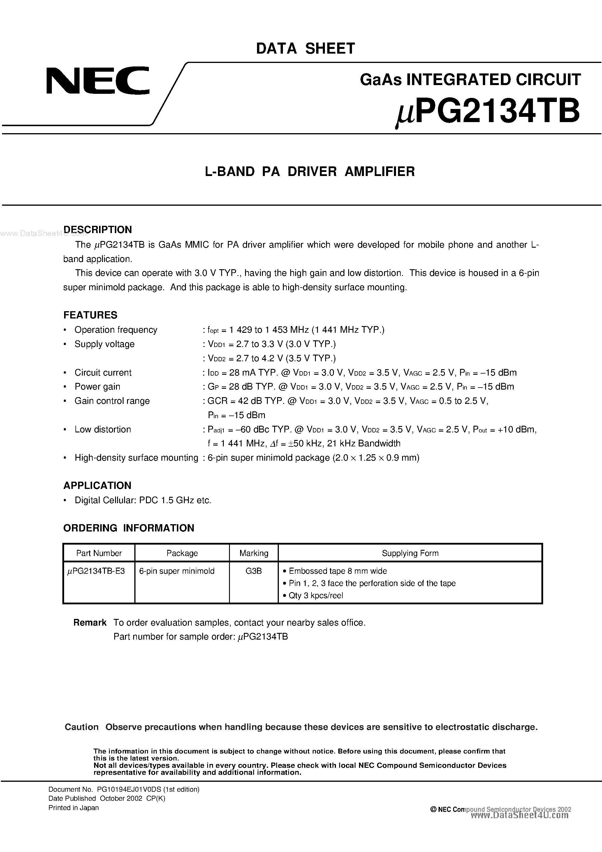 Даташит UPG2134TB - L-BAND PA DRIVER AMPLIFIER страница 1