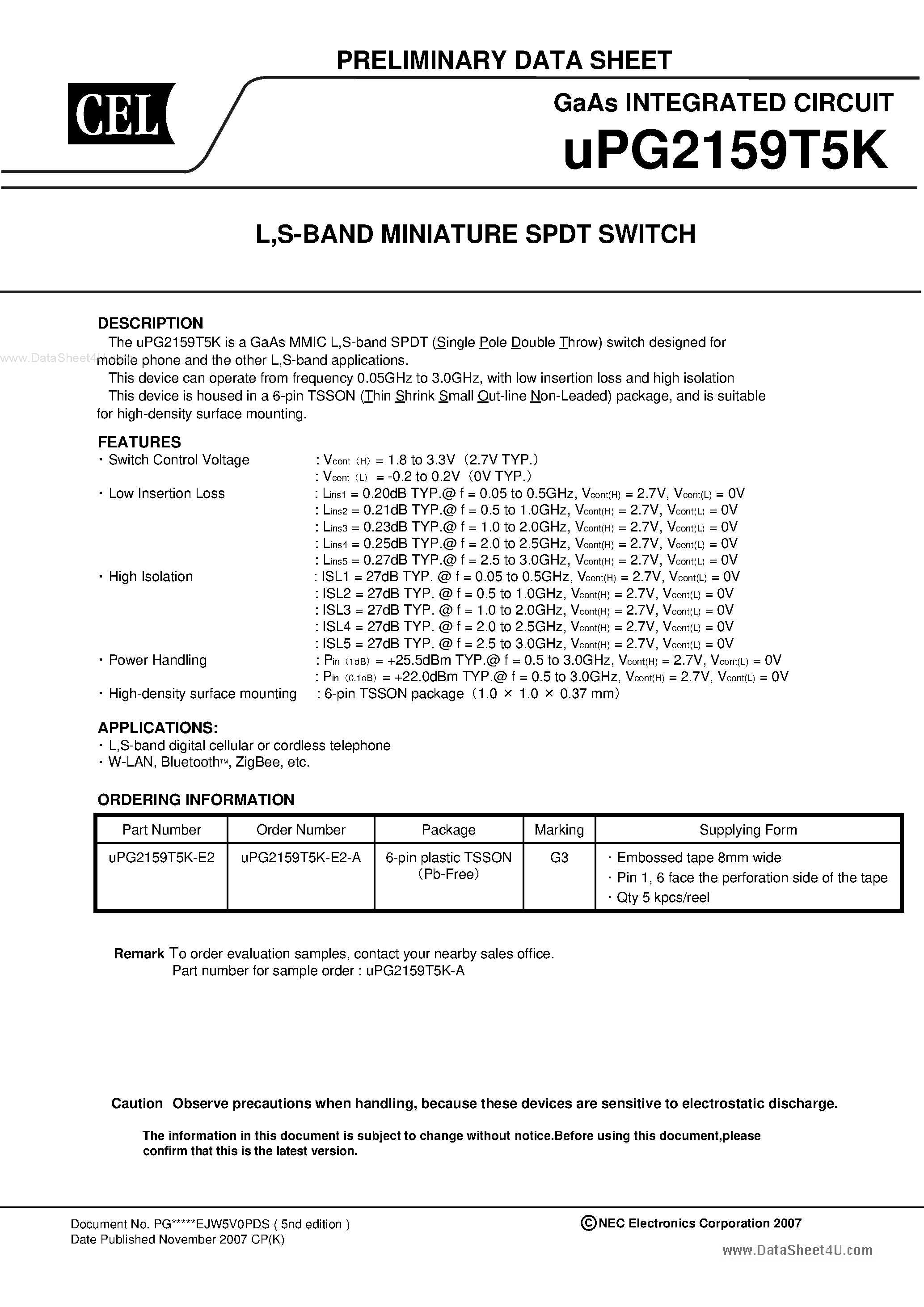 Datasheet UPG2159T5K - MINIATURE SPDT SWITCH page 1