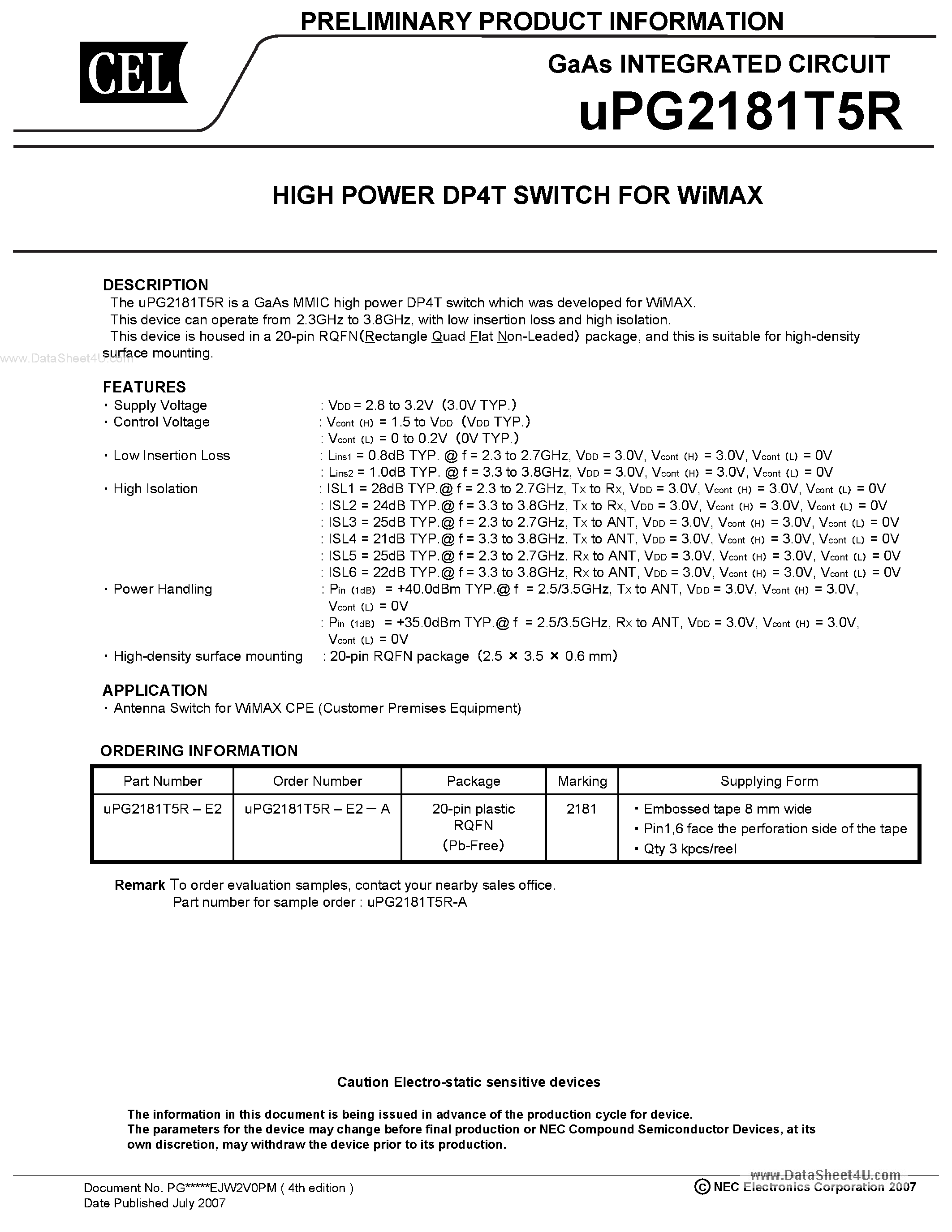Datasheet UPG2181T5R - GaAs INTEGRATED CIRCUIT HIGH POWER DP4T SWITCH page 1