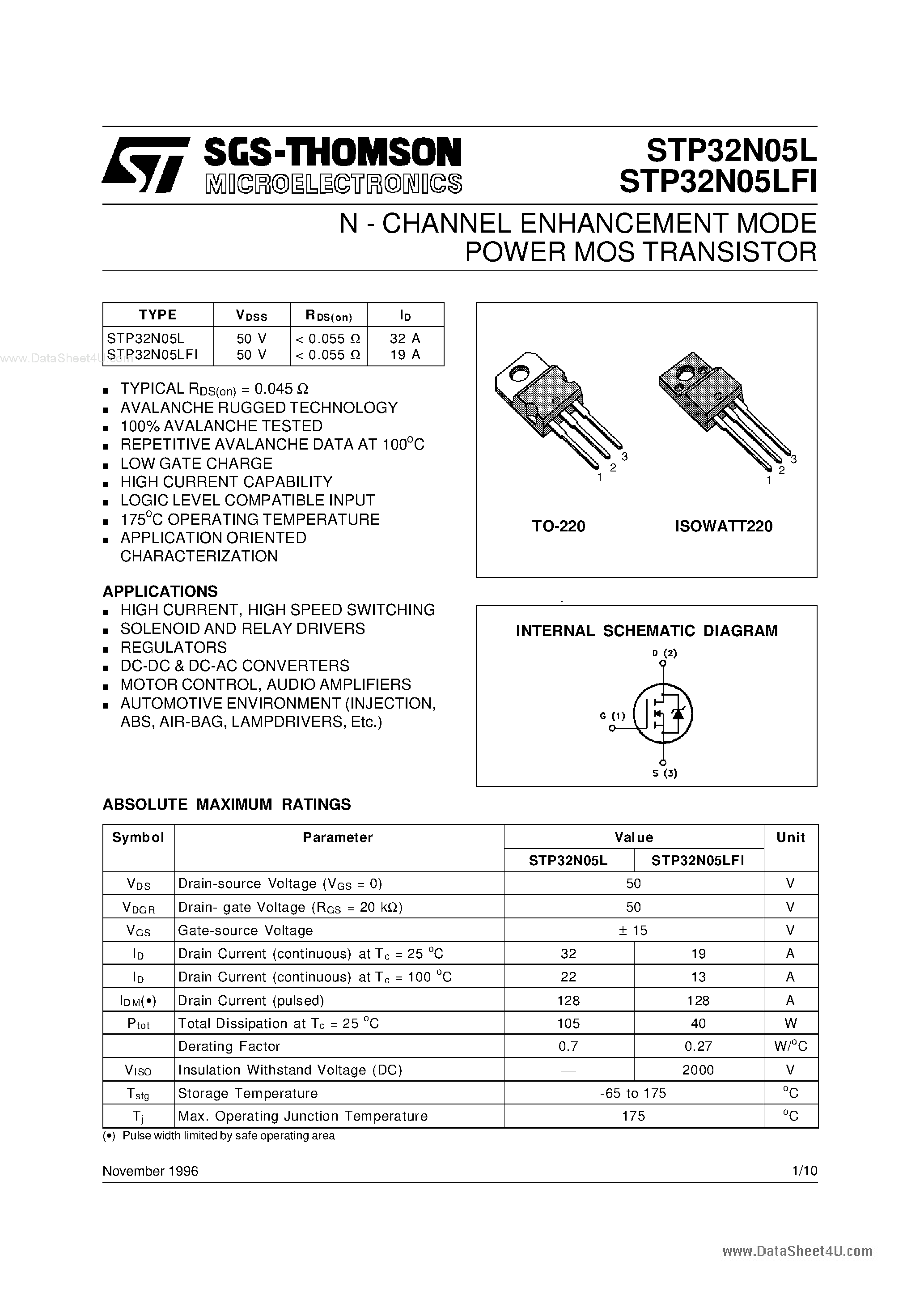 Datasheet STP32N05L - N-CHANNEL ENHANCEMENT MODE POWER MOS TRANSISTOR page 1
