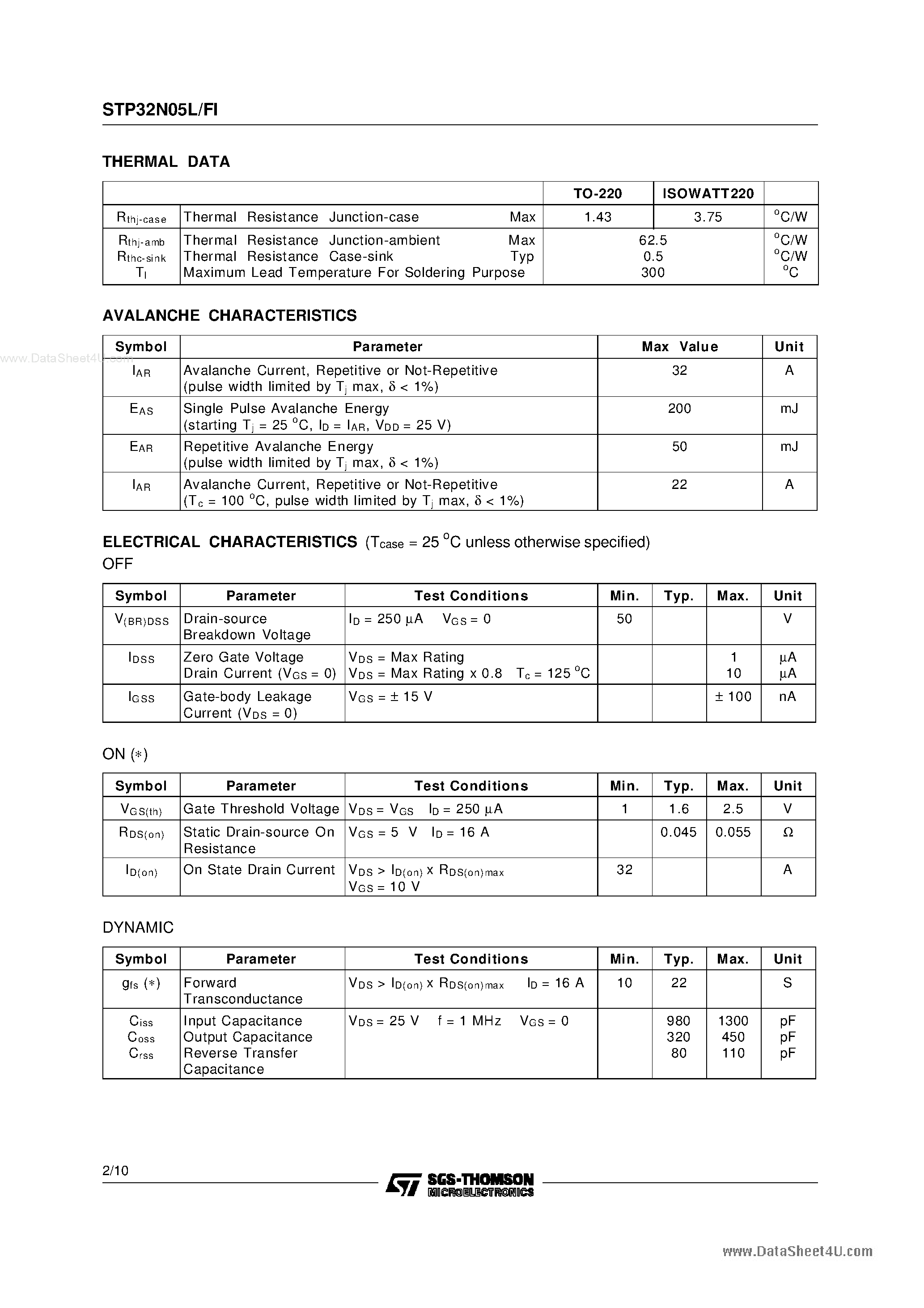 Datasheet STP32N05L - N-CHANNEL ENHANCEMENT MODE POWER MOS TRANSISTOR page 2