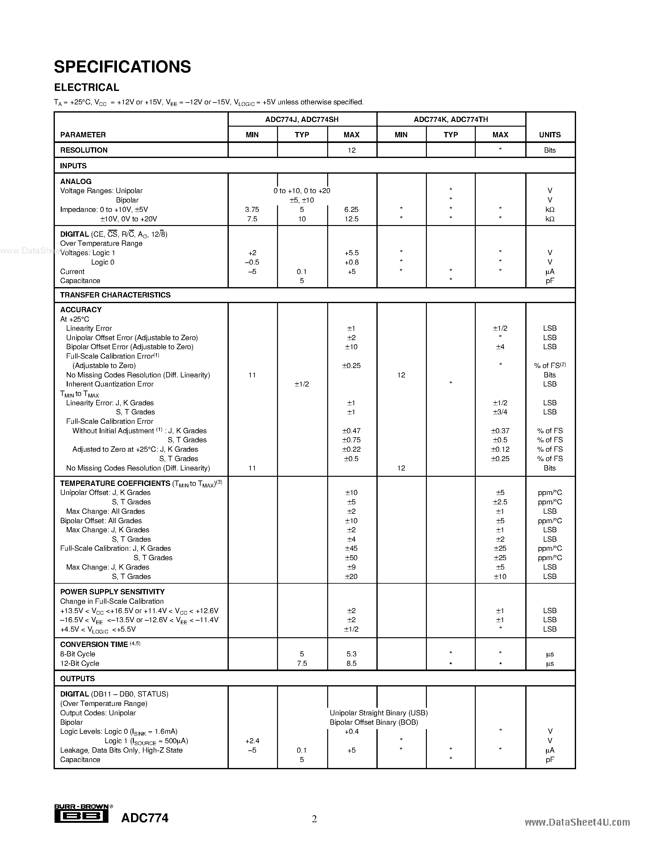 Datasheet ADC774 - Microprocessor-Compatible ANALOG-TO-DIGITAL CONVERTER page 2