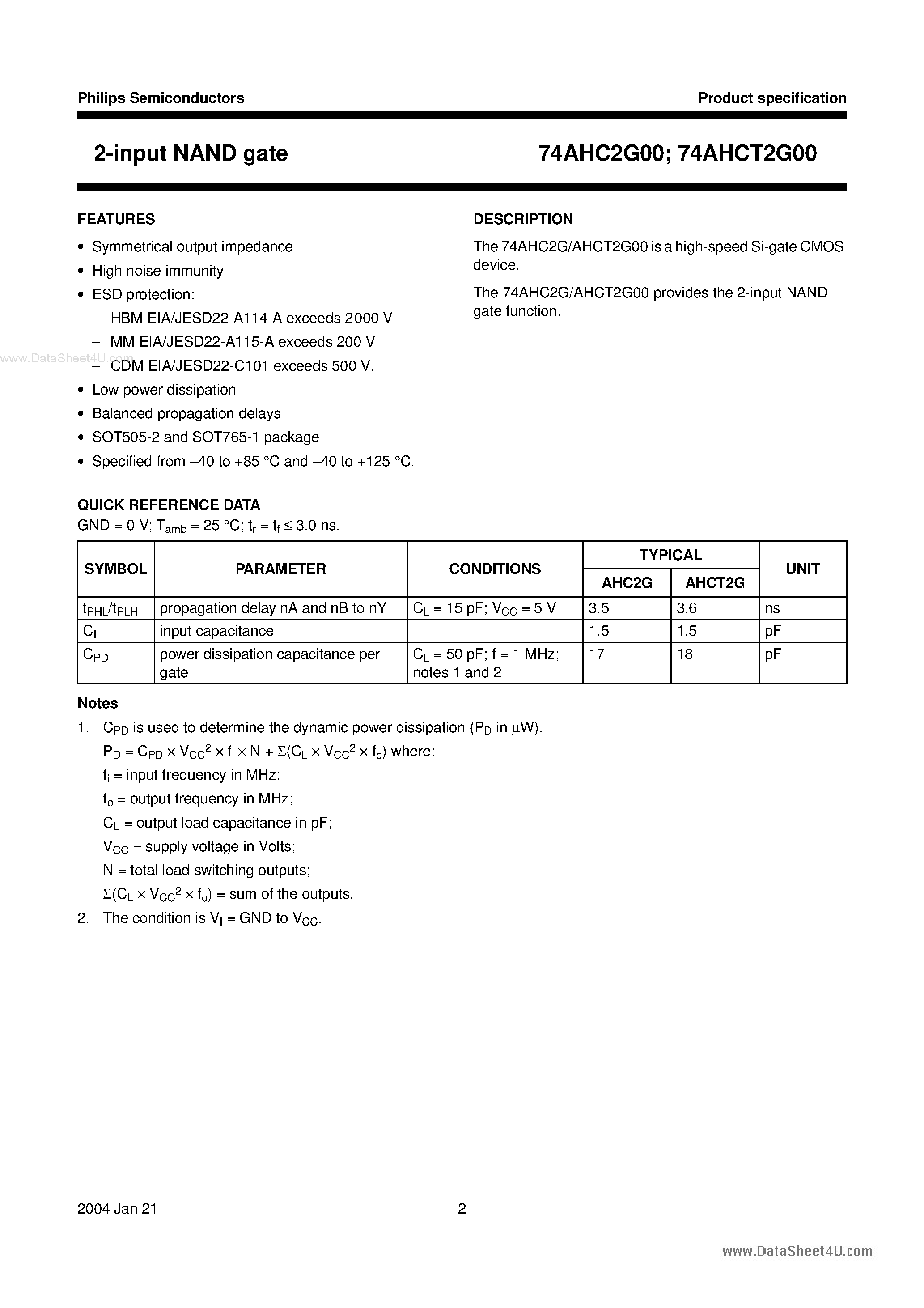 Datasheet 74AHC2G00 - high-speed Si-gate CMOS device page 2