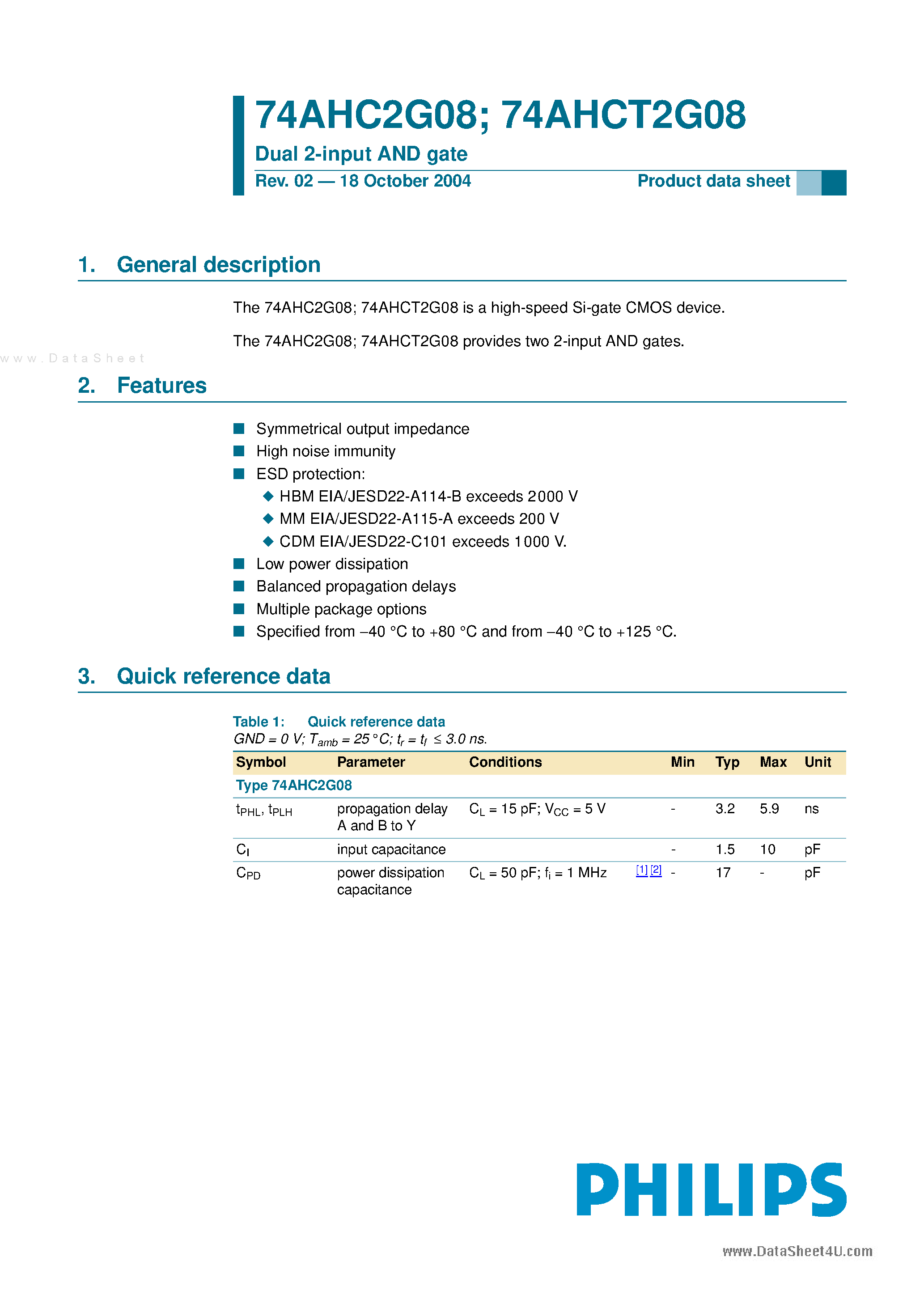 Datasheet 74AHC2G08 page 1 Datasheet 74AHC2G08 - Dual 2-input AND gate page 1