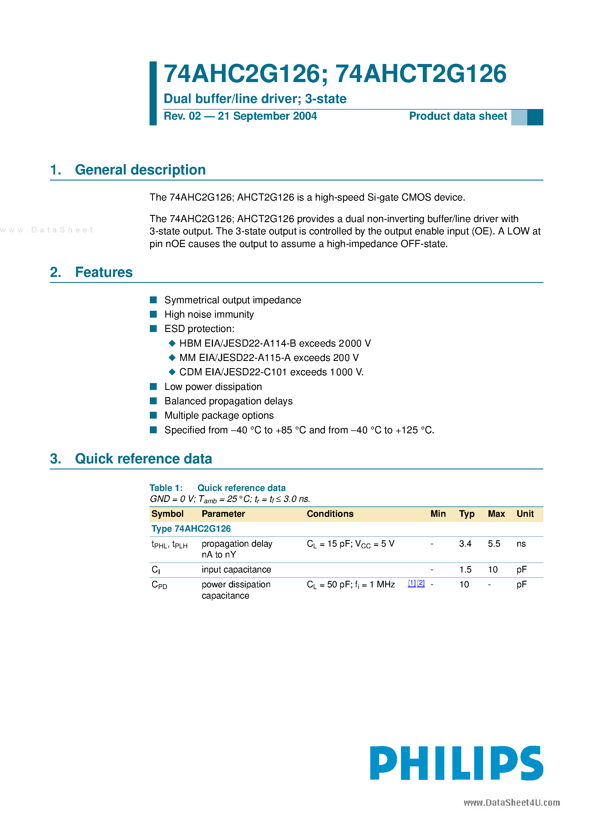 Datasheet 74AHC2G126 page 1 Datasheet 74AHC2G126 - Dual buffer/line driver page 1