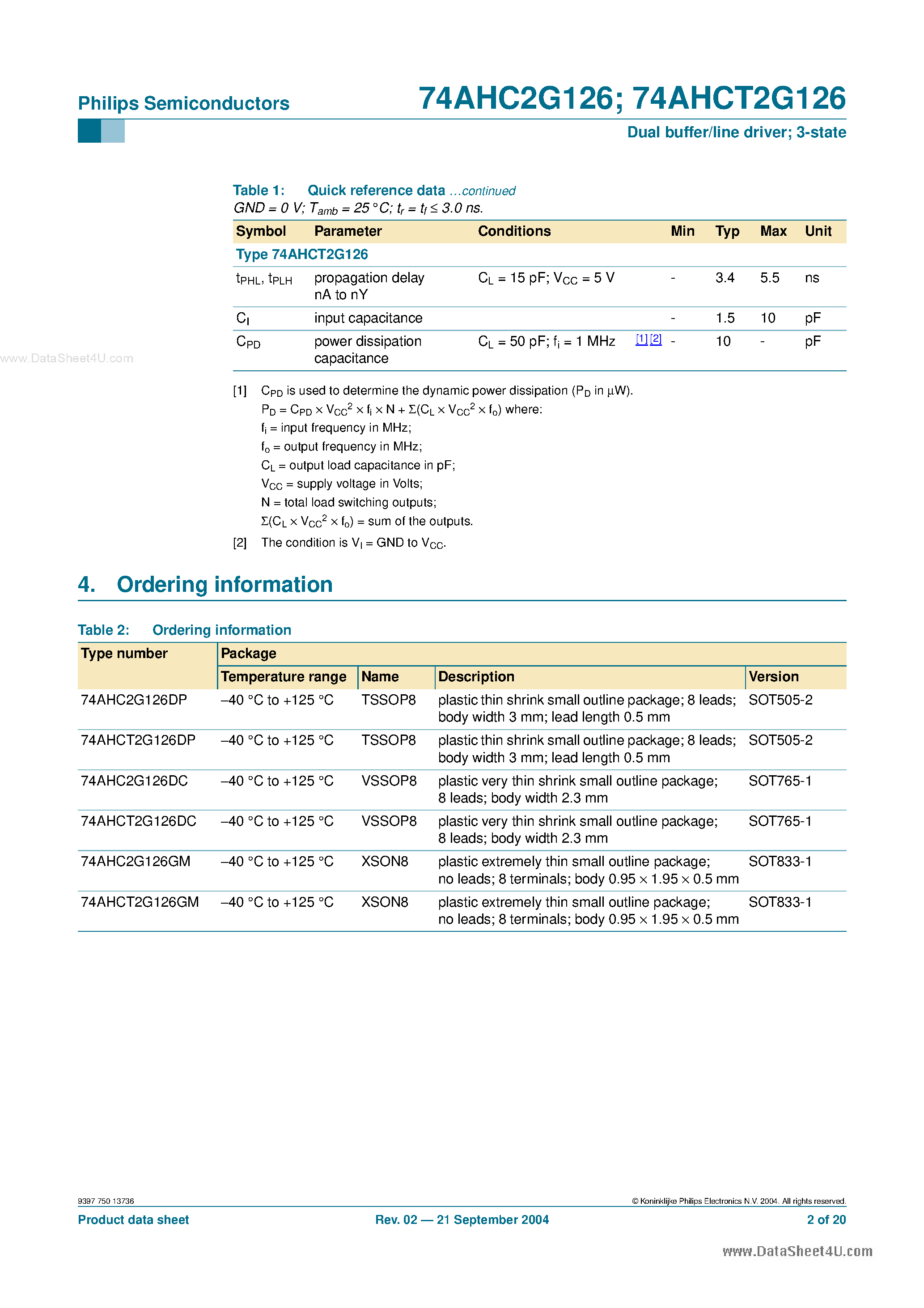 Datasheet 74AHC2G126 page 2 Datasheet 74AHC2G126 - Dual buffer/line driver page 2