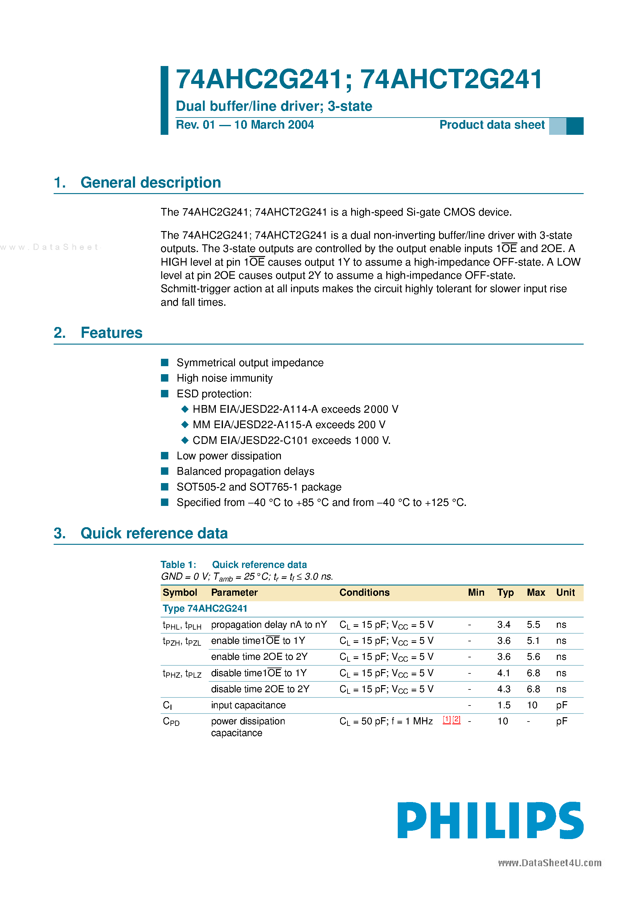 Даташит на микросхему 74AHC2G241 страница 1 Даташит 74AHC2G241 - Dual buffer/line driver страница 1