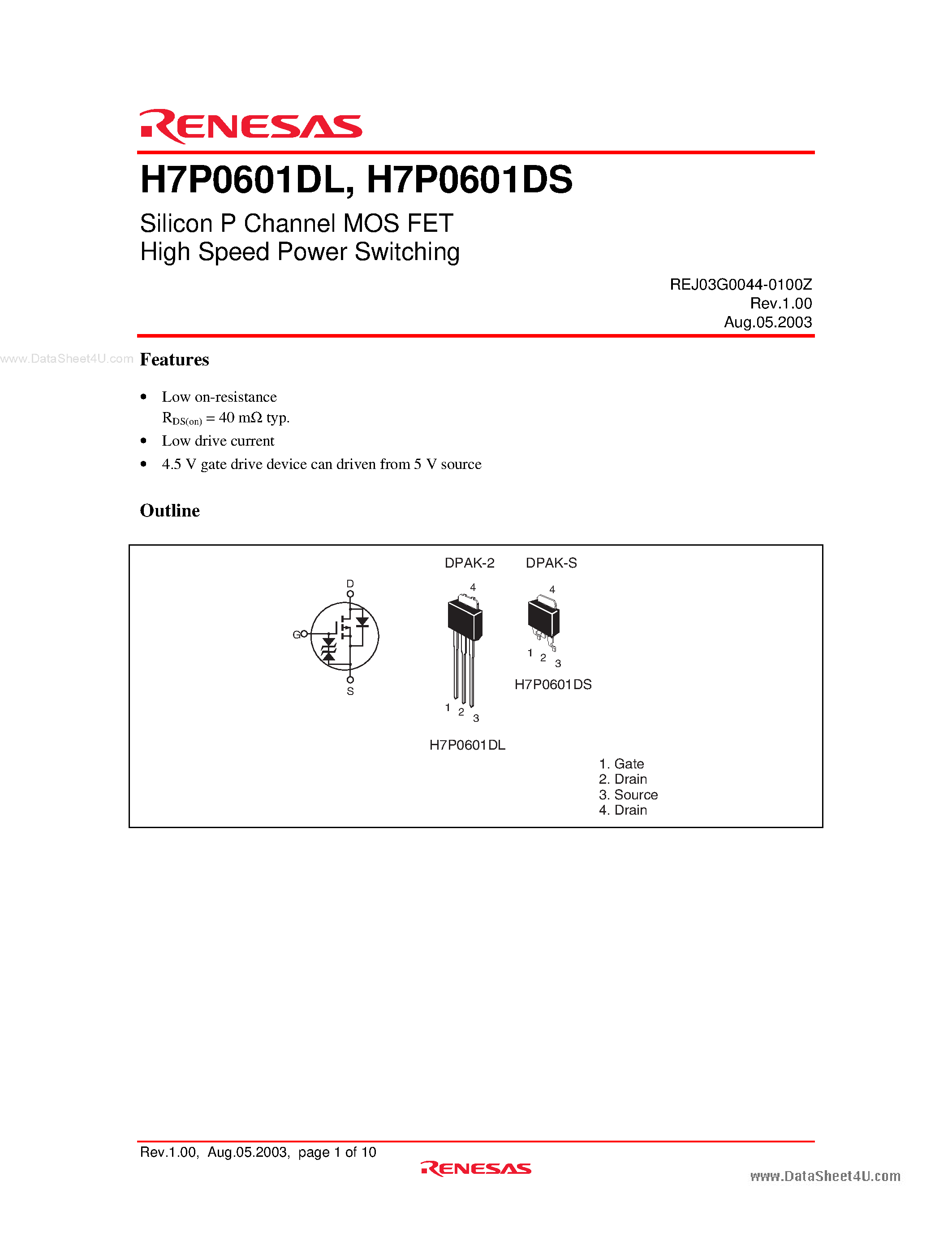 Даташит H7P0601DL - Silicon P Channel MOS FET High Speed Power Switching страница 1