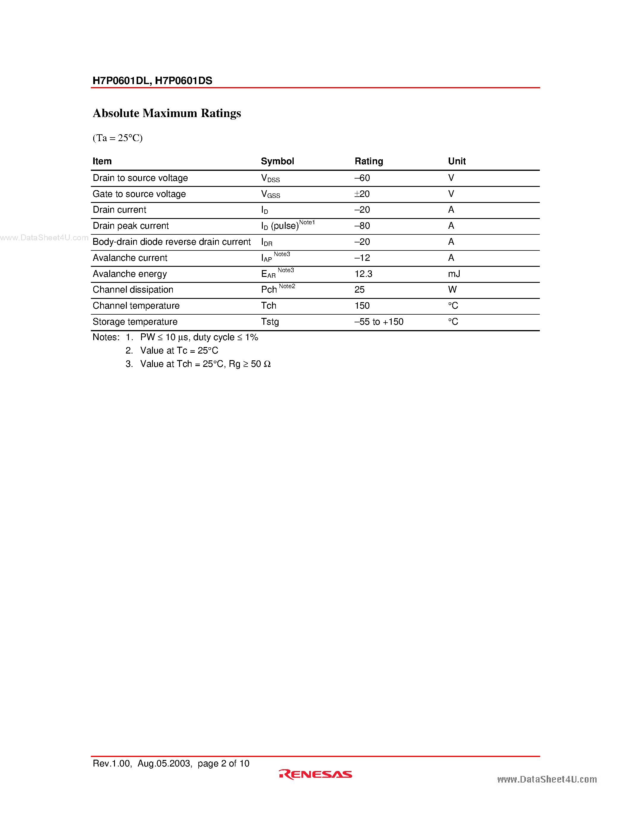 Даташит H7P0601DL - Silicon P Channel MOS FET High Speed Power Switching страница 2