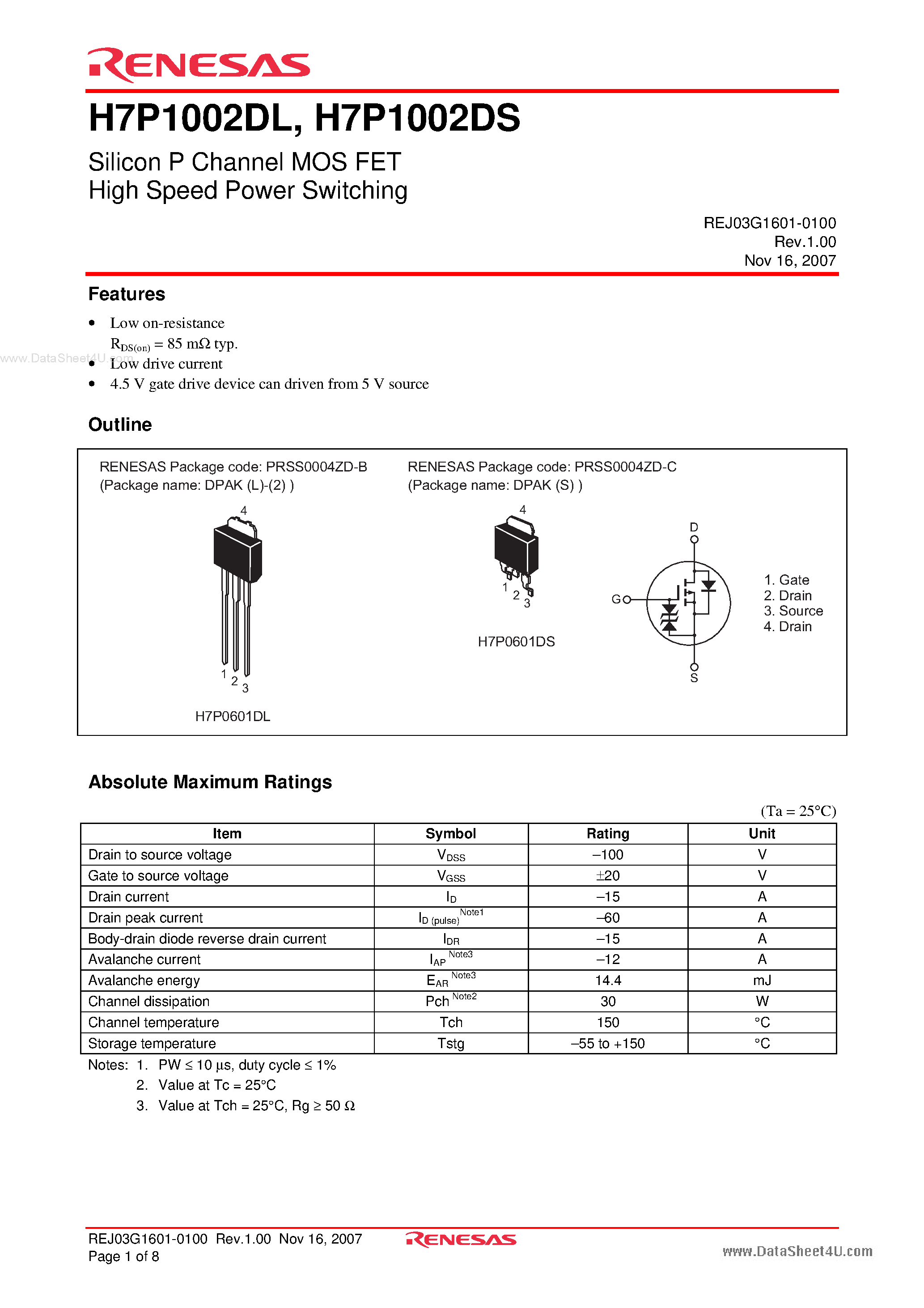 Даташит H7P1002DL - Silicon P Channel MOS FET High Speed Power Switching страница 1