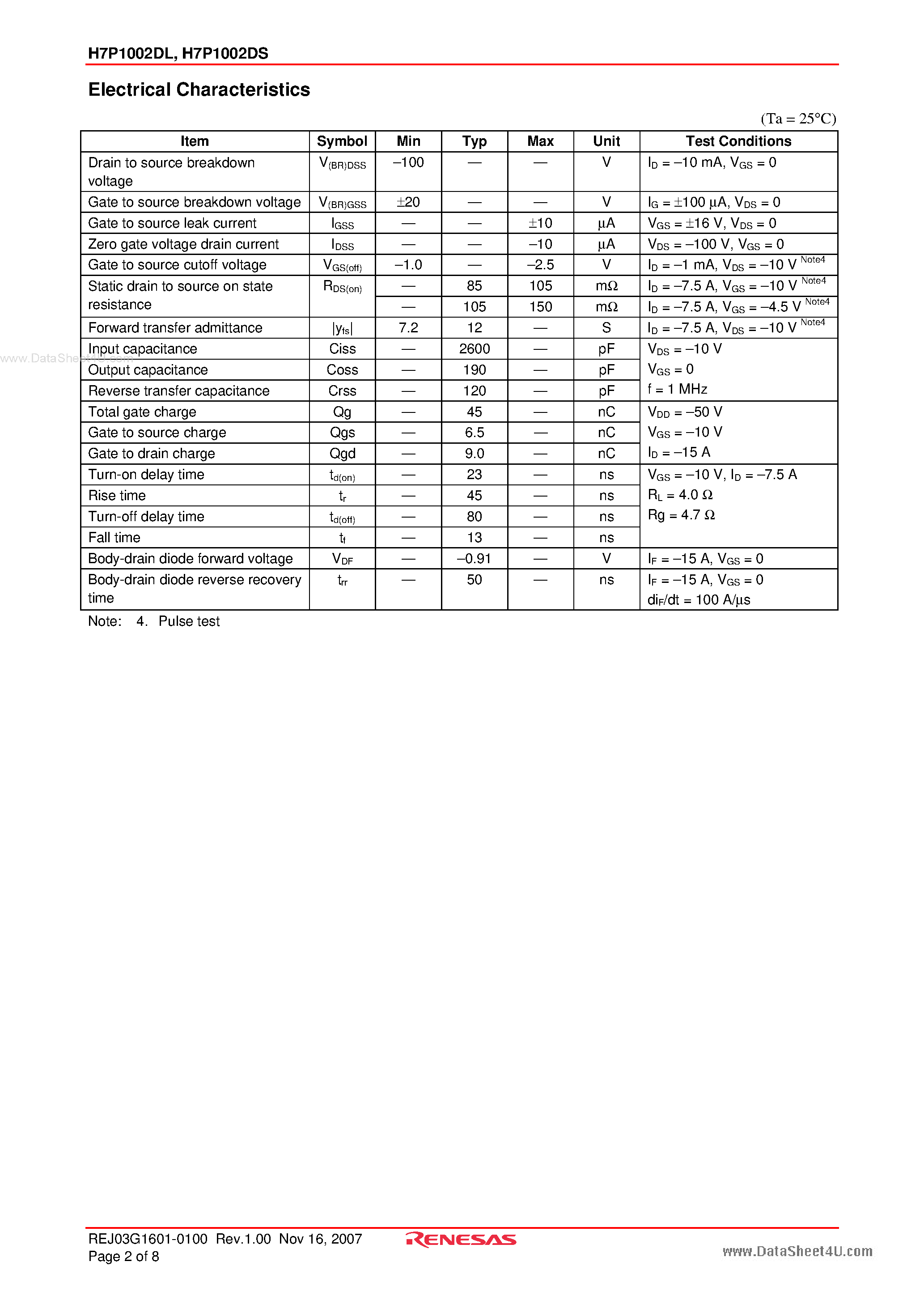 Даташит H7P1002DL - Silicon P Channel MOS FET High Speed Power Switching страница 2