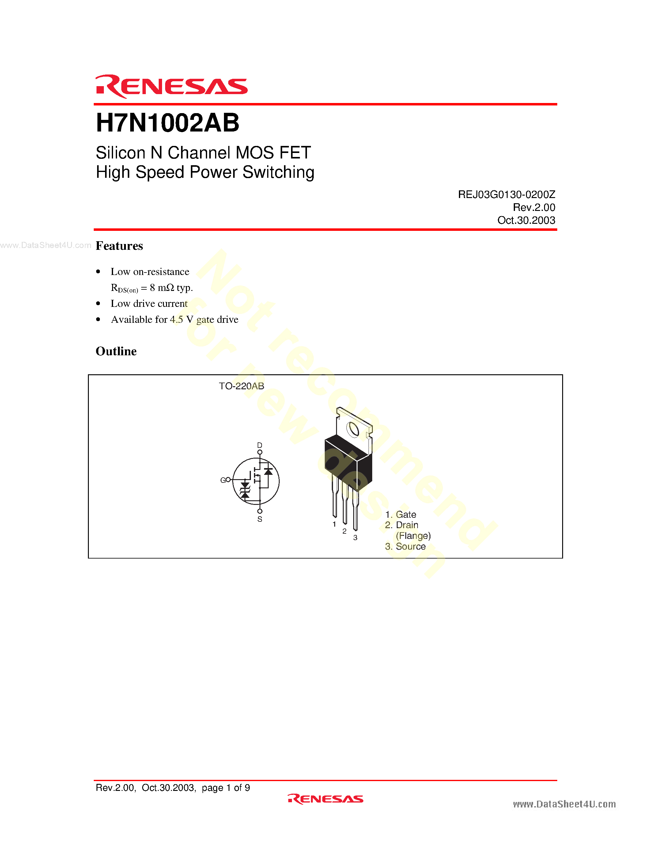 Datasheet H7N1002AB page 1 Datasheet H7N1002AB - Silicon N Channel MOS FET High Speed Power Switching page 1