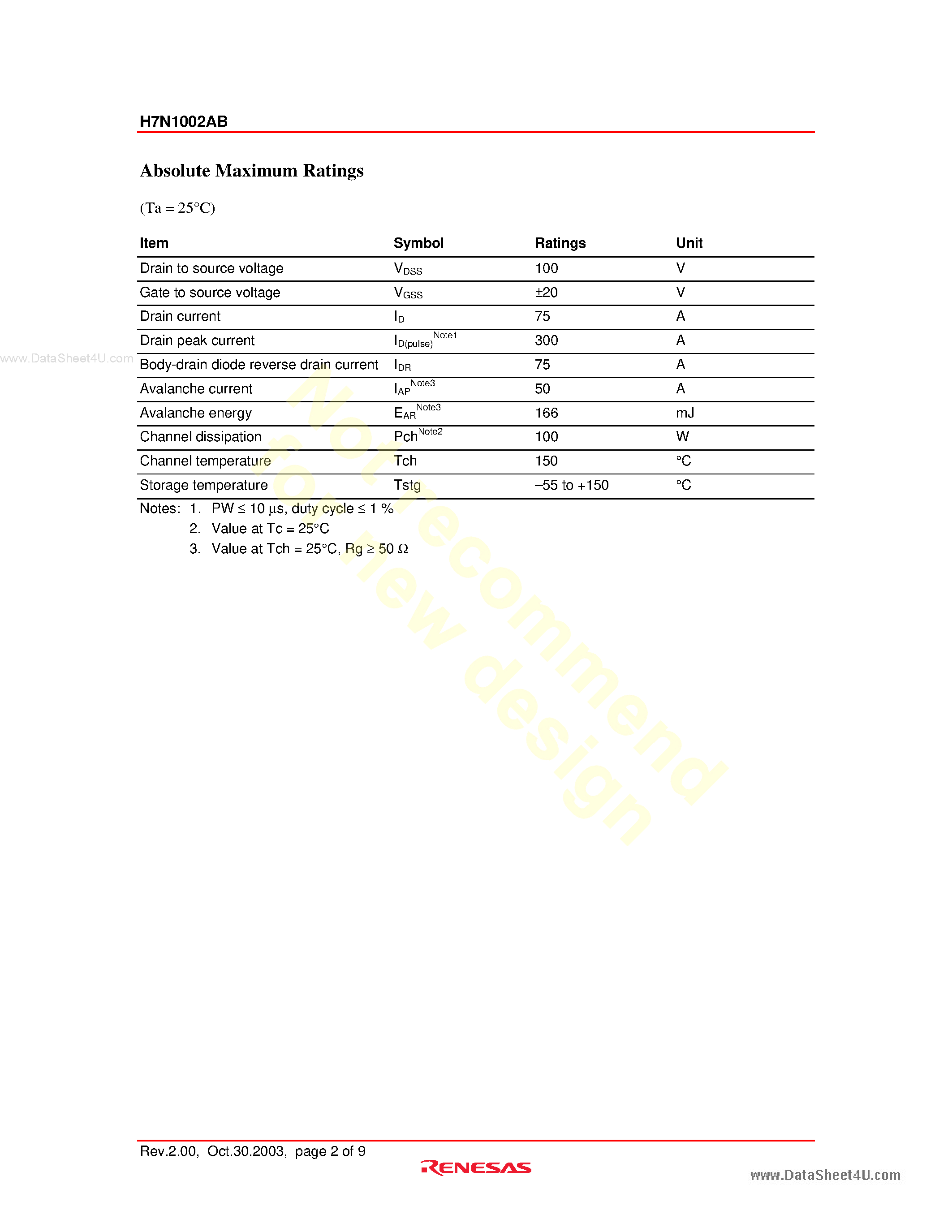Datasheet H7N1002AB page 2 Datasheet H7N1002AB - Silicon N Channel MOS FET High Speed Power Switching page 2