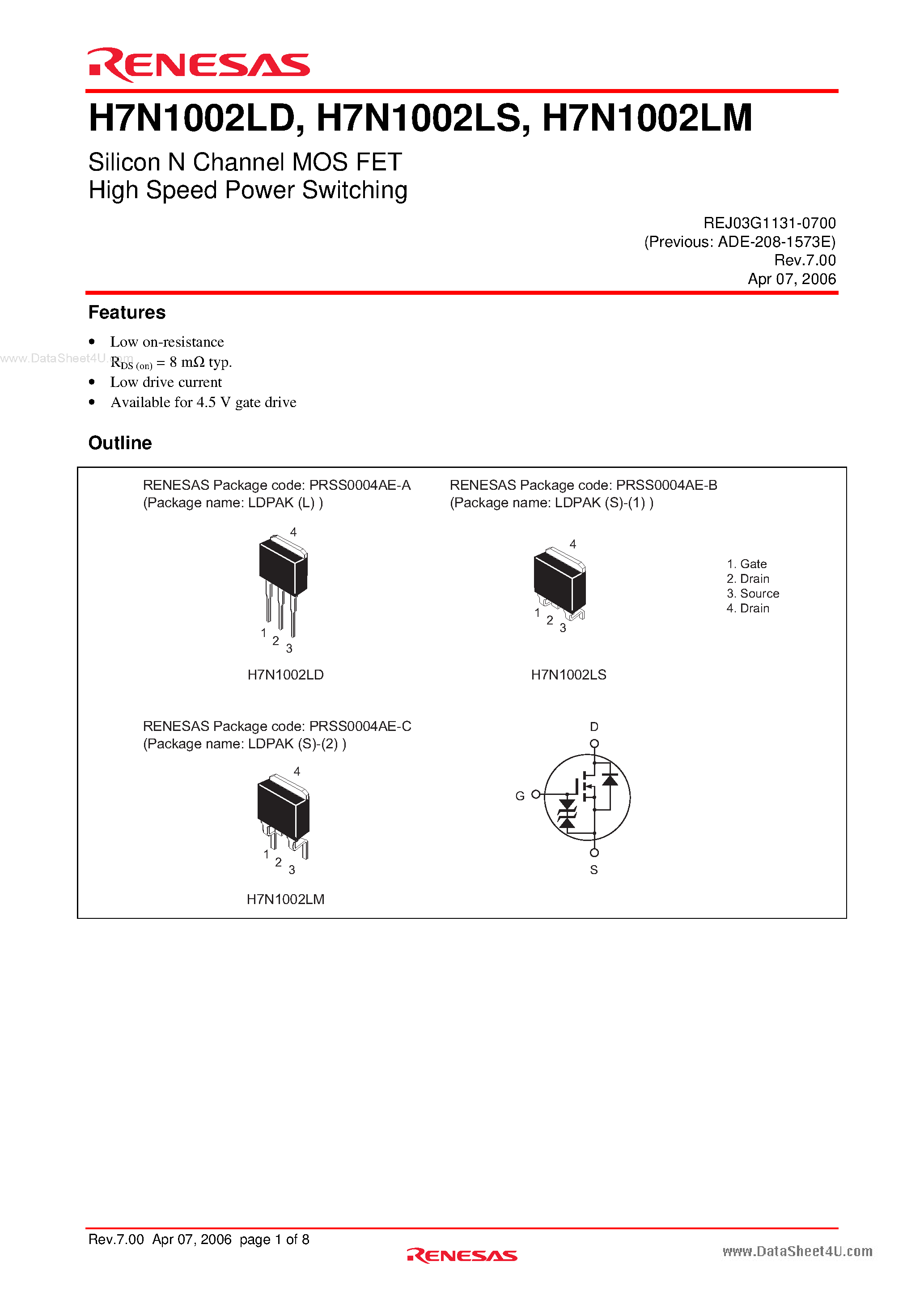 Datasheet H7N1002LD - Silicon N Channel MOS FET High Speed Power Switching page 1