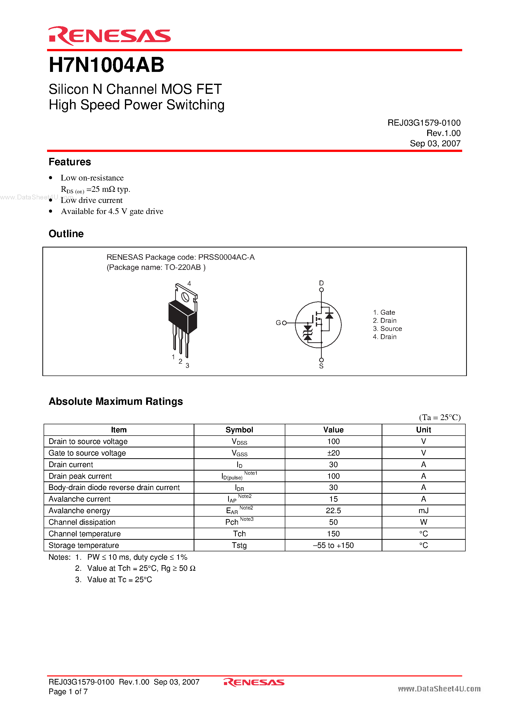 Datasheet H7N1004AB - Silicon N Channel MOS FET High Speed Power Switching page 1