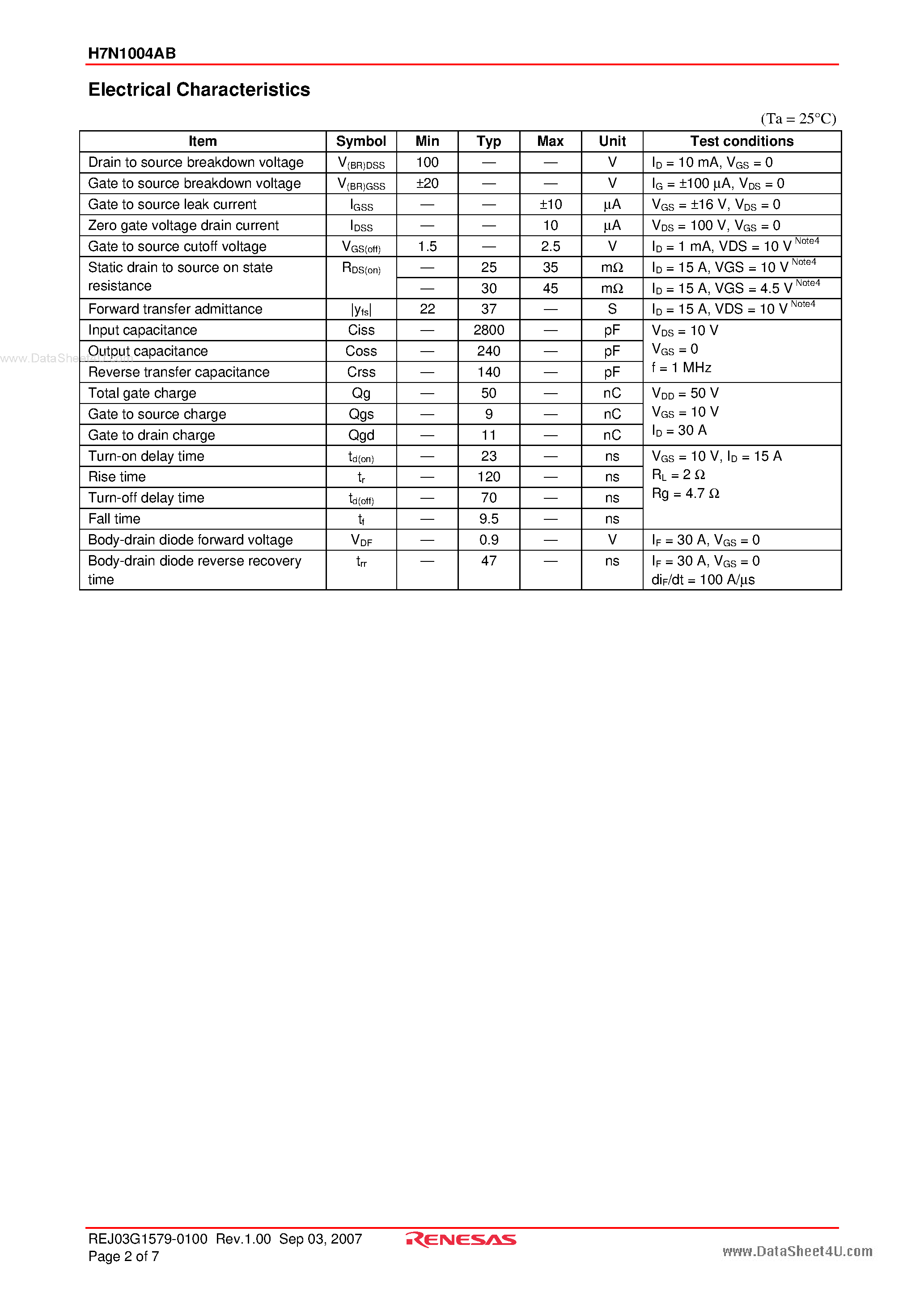 Datasheet H7N1004AB - Silicon N Channel MOS FET High Speed Power Switching page 2