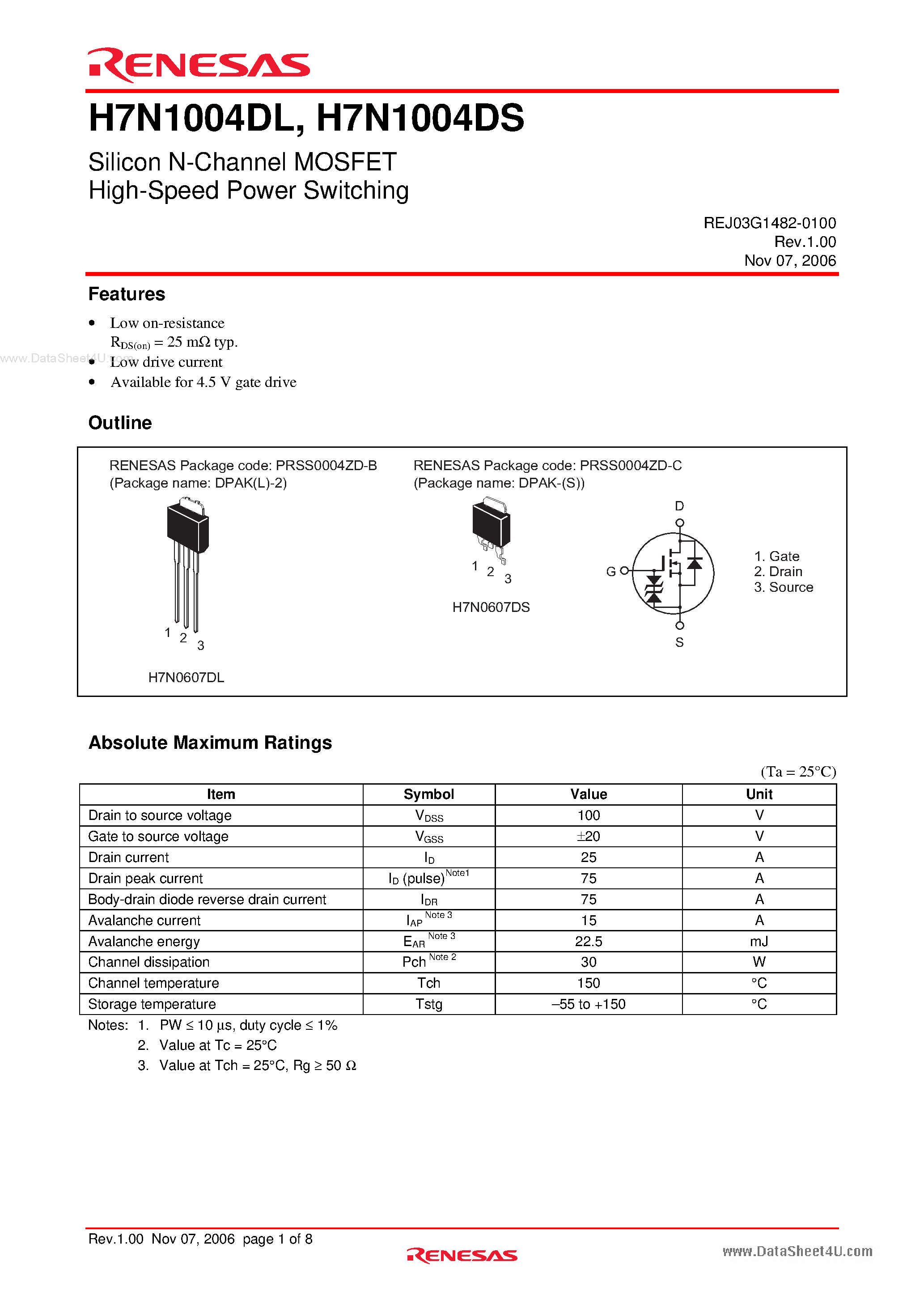 Datasheet H7N1004DL page 1 Datasheet H7N1004DL - Silicon N Channel MOS FET High Speed Power Switching page 1