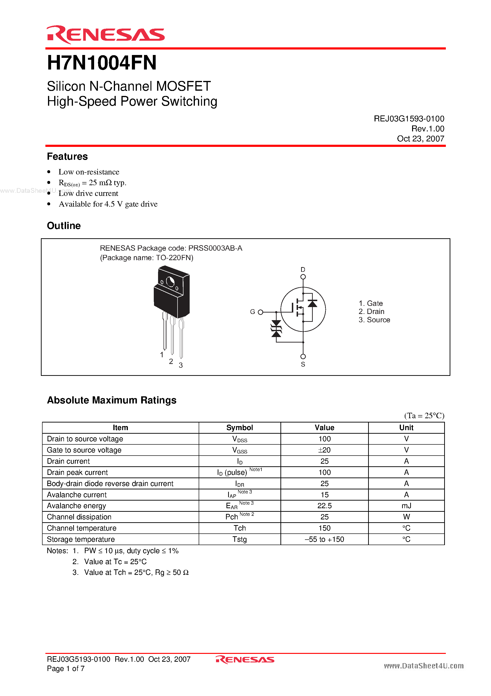 Datasheet H7N1004FN - Silicon N Channel MOS FET High Speed Power Switching page 1