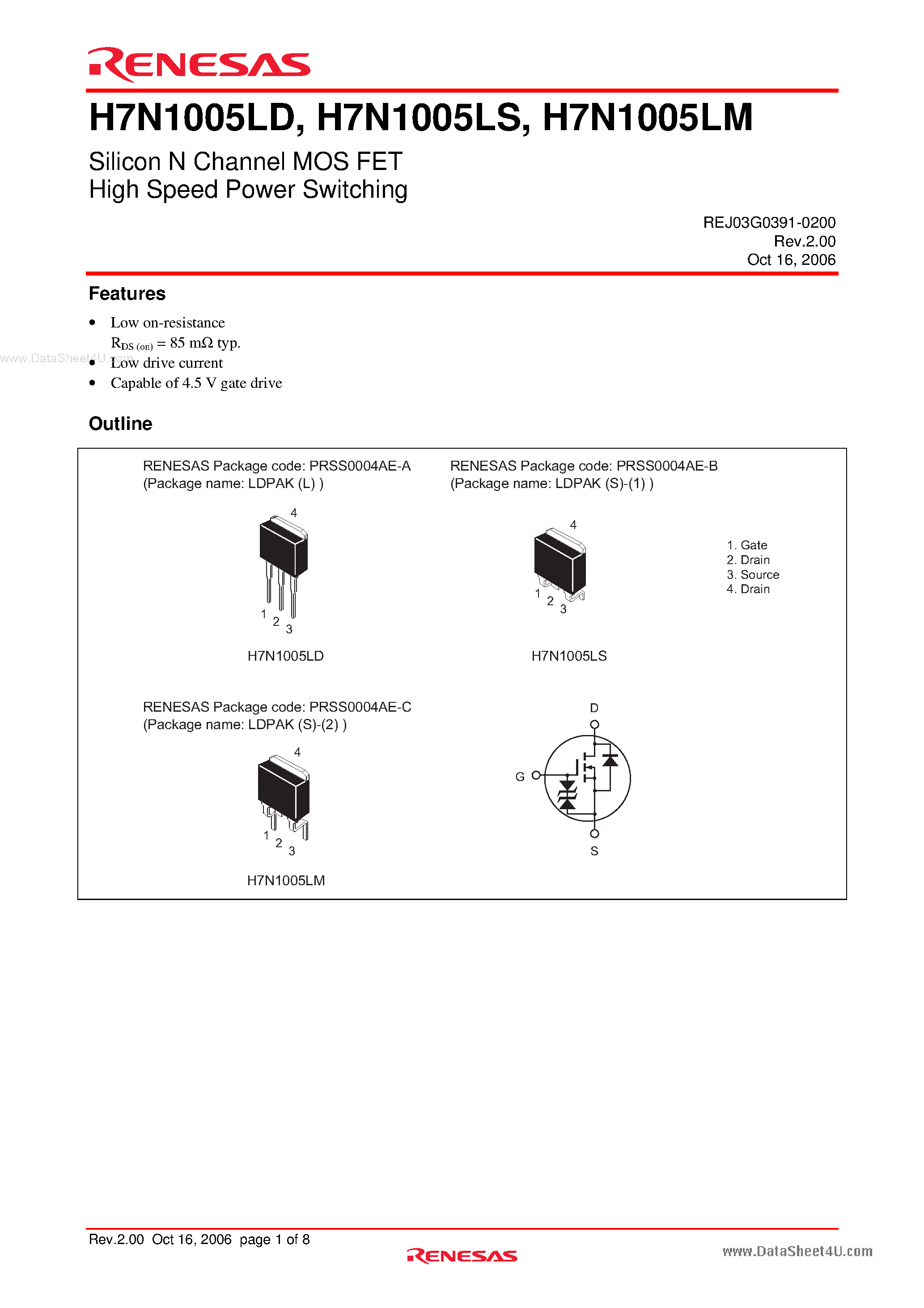 Datasheet H7N1005LD - Silicon N Channel MOS FET High Speed Power Switching page 1