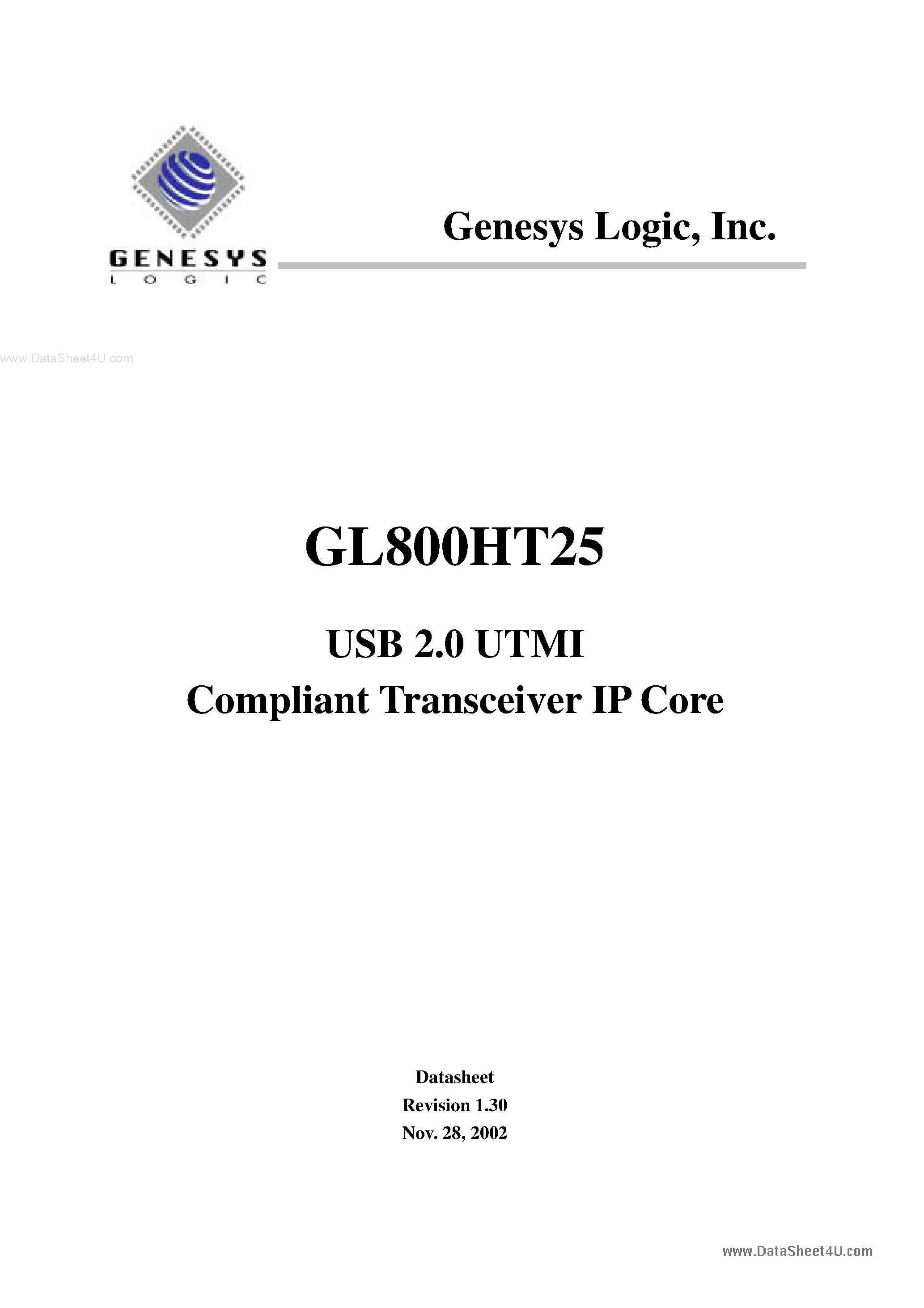 Datasheet GL800HT25 page 1 Datasheet GL800HT25 - USB 2.0 UTMI Compliant Transceiver IP Core page 1