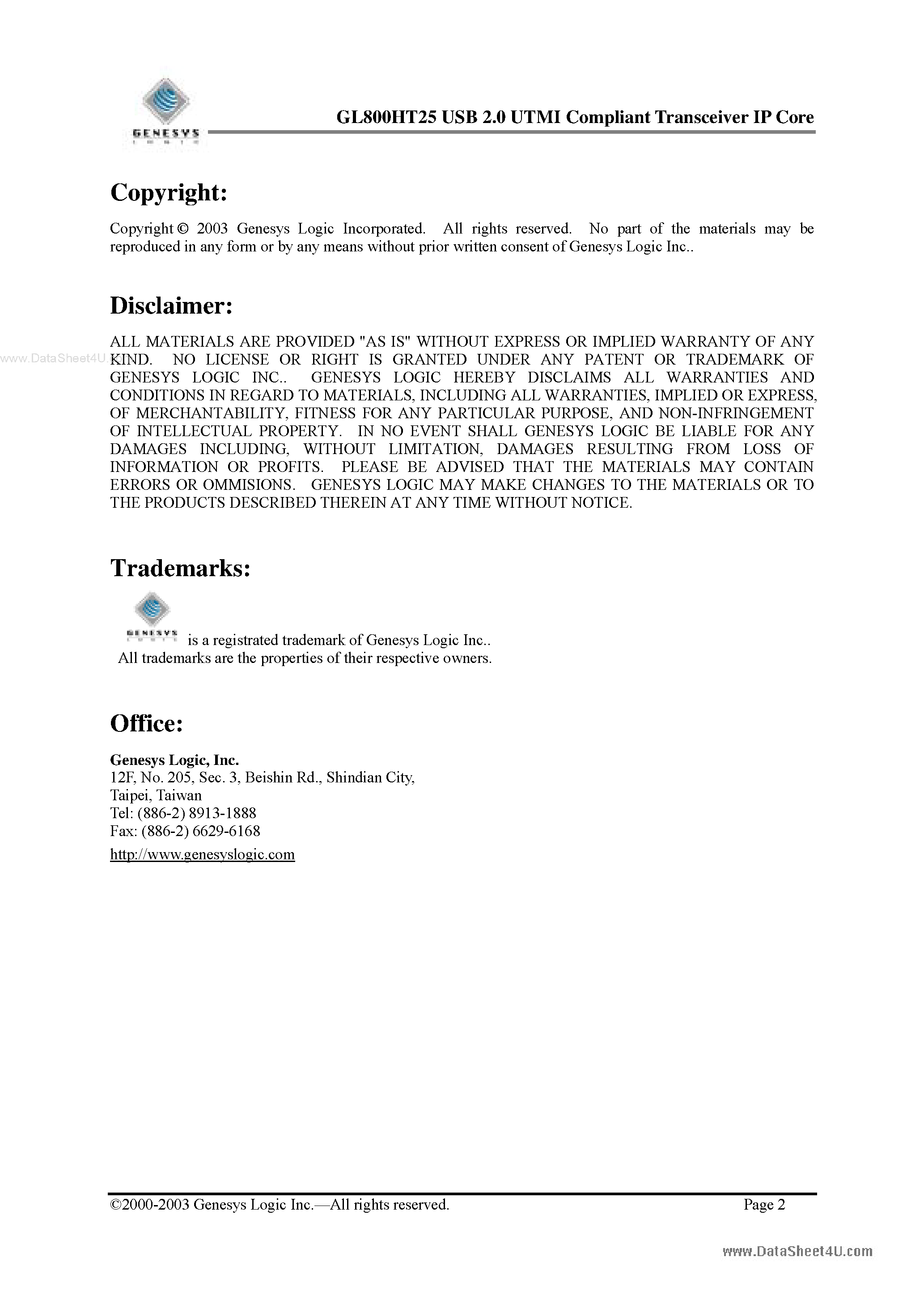 Datasheet GL800HT25 page 2 Datasheet GL800HT25 - USB 2.0 UTMI Compliant Transceiver IP Core page 2