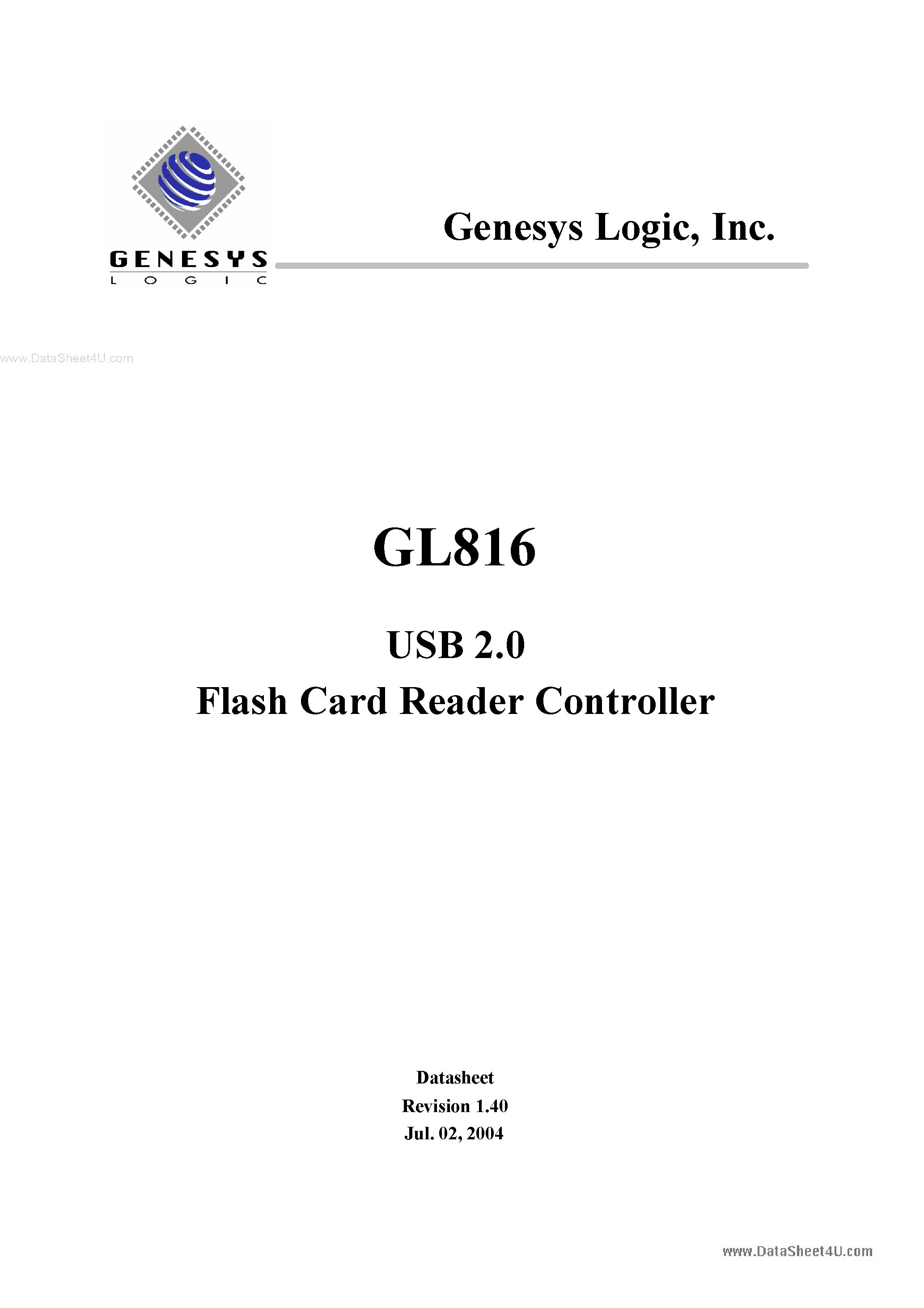 Datasheet GL816 page 1 Datasheet GL816 - USB 2.0 Flash Card Reader Controller page 1
