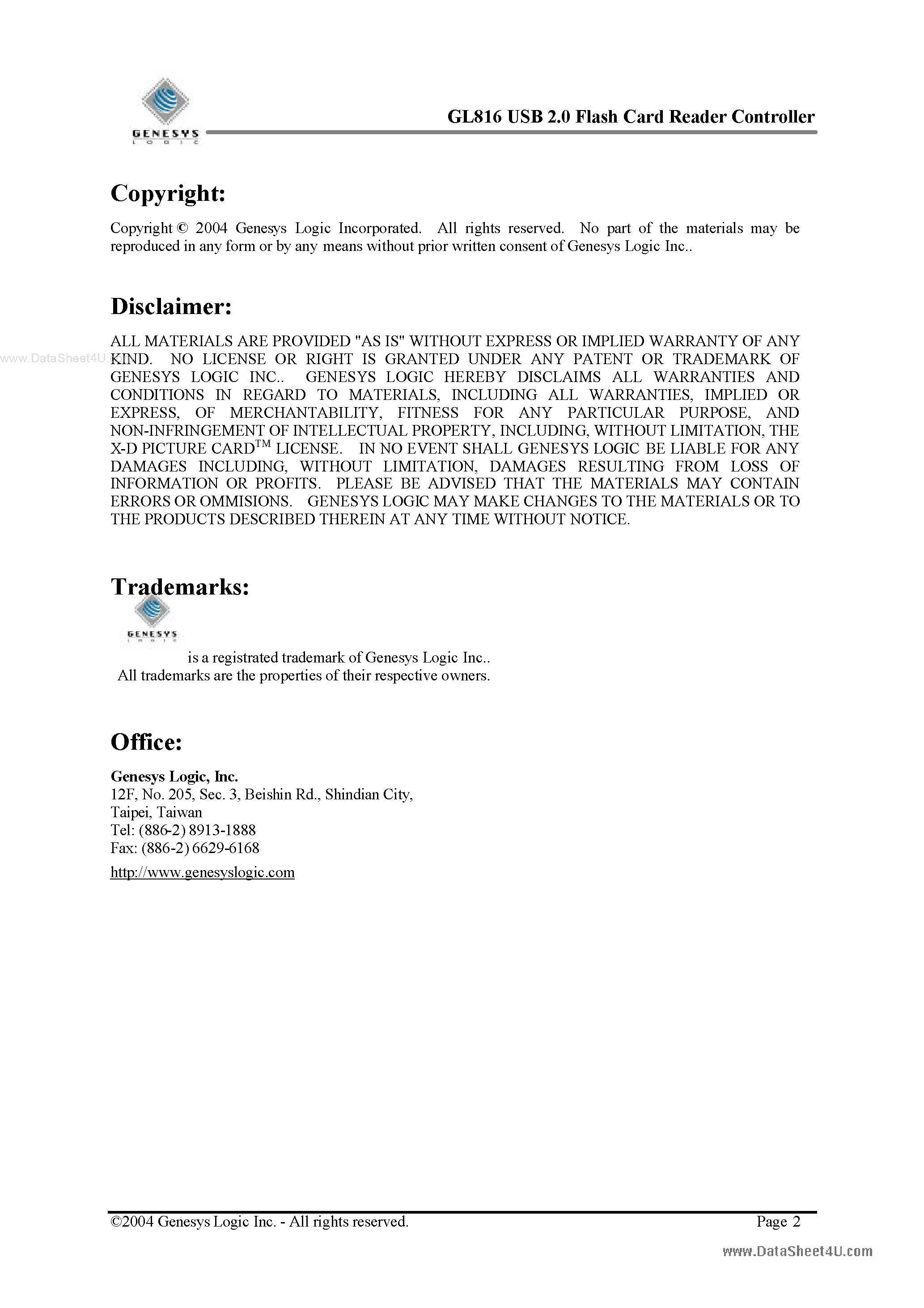 Datasheet GL816 page 2 Datasheet GL816 - USB 2.0 Flash Card Reader Controller page 2