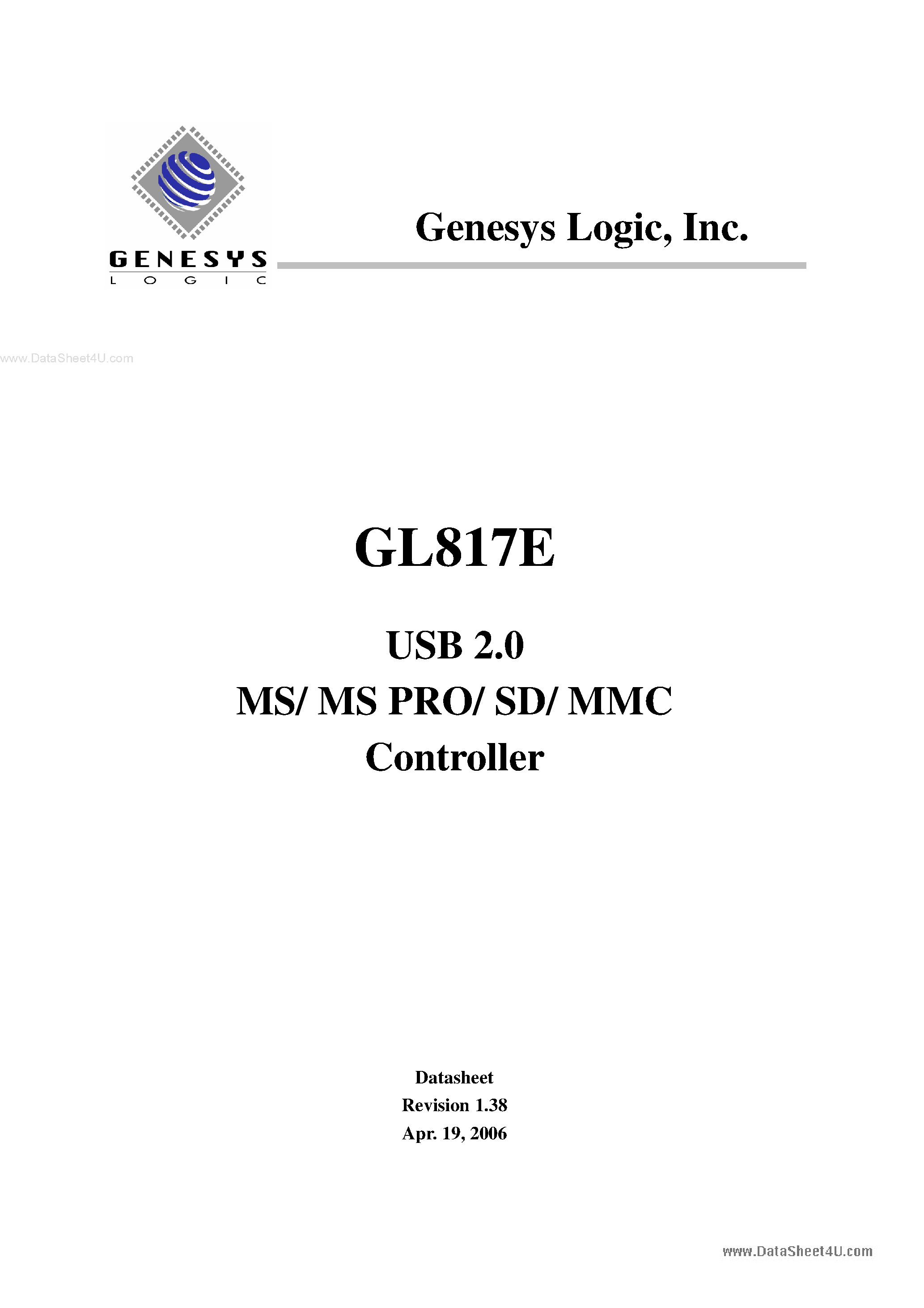 Datasheet GL817E - USB 2.0 MS/ MS PRO/ SD/ MMC Controller page 1