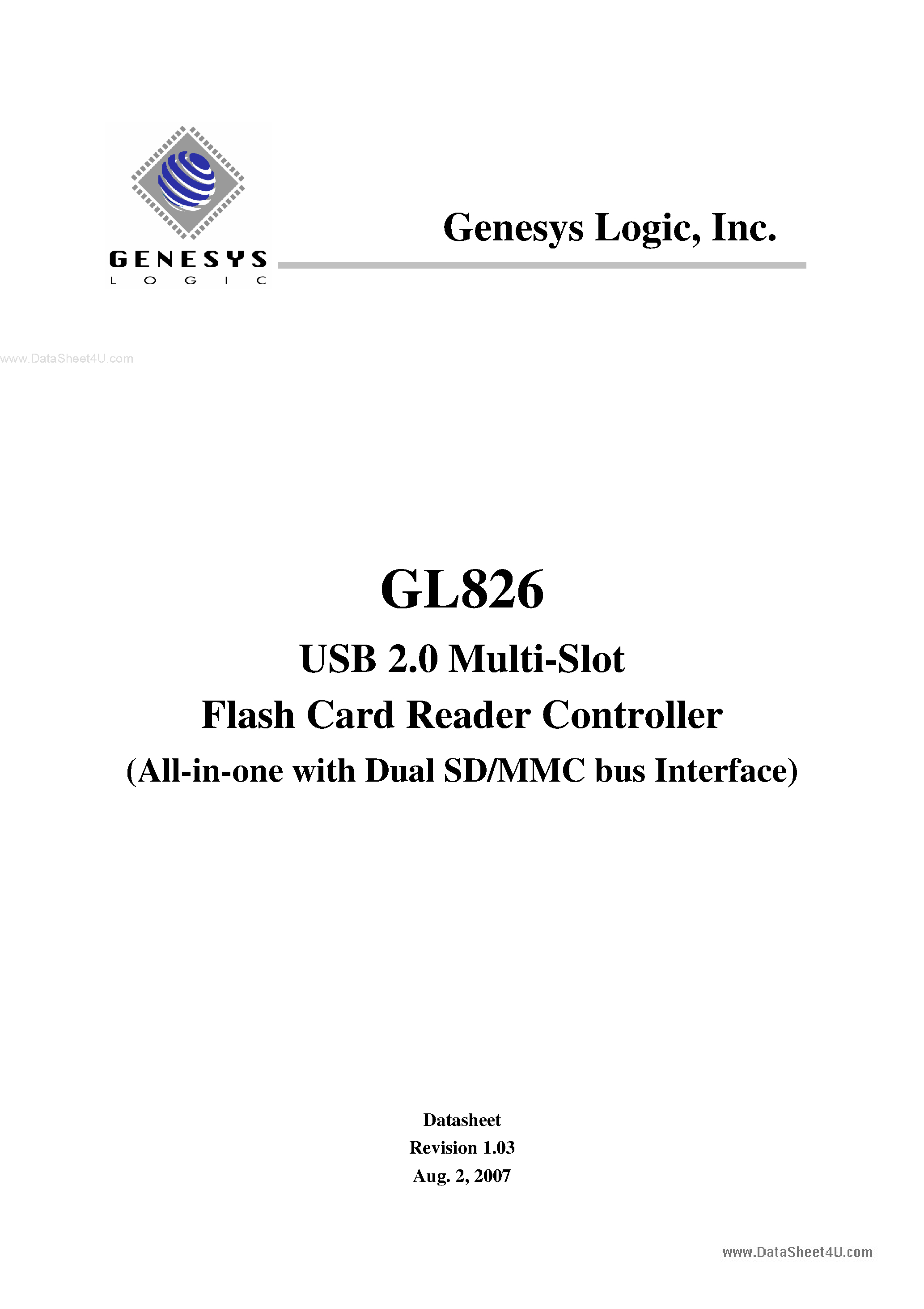 Datasheet GL826 page 1 Datasheet GL826 - USB 2.0 Multi-Slot Flash Card Reader Controller page 1