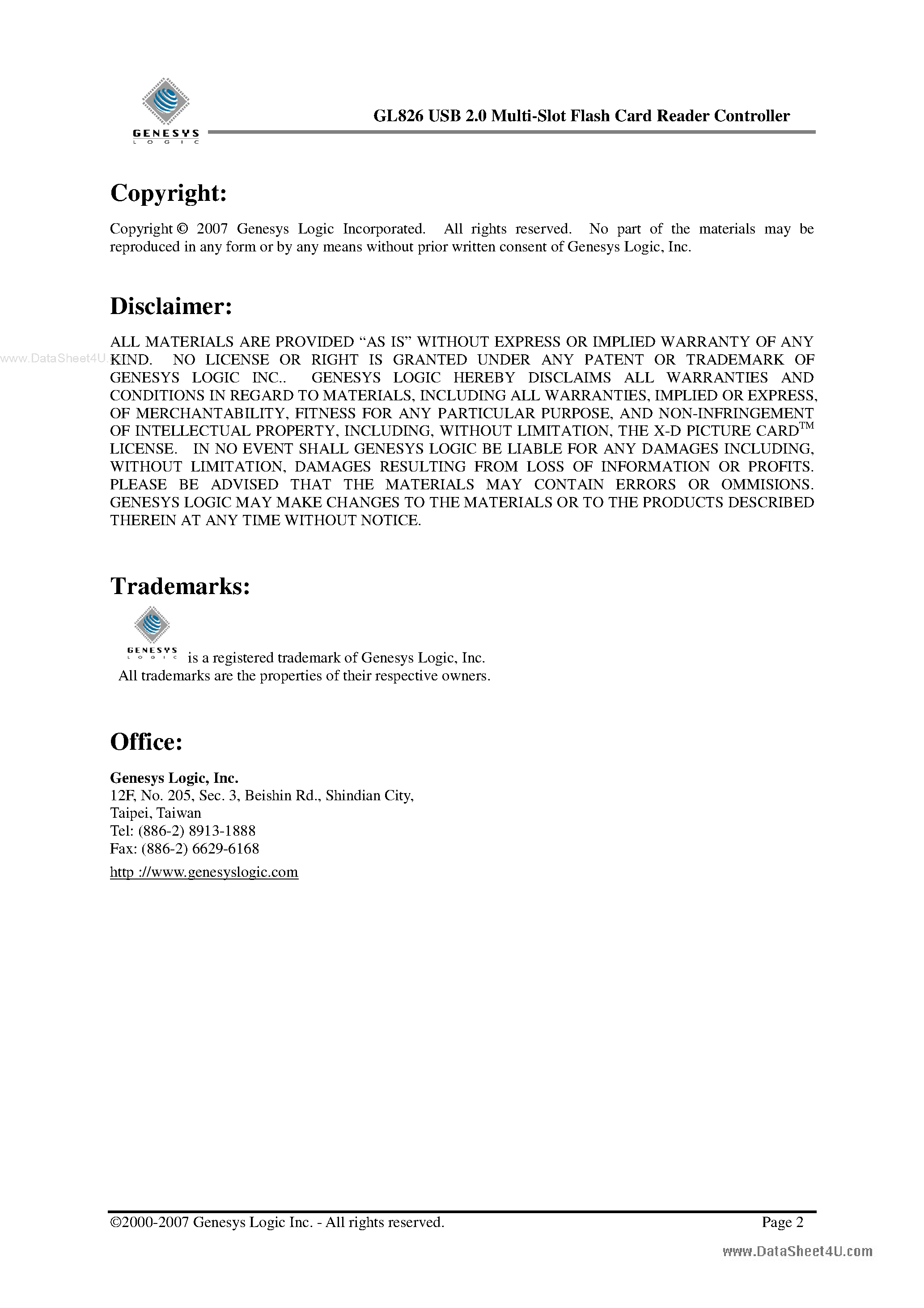 Datasheet GL826 page 2 Datasheet GL826 - USB 2.0 Multi-Slot Flash Card Reader Controller page 2