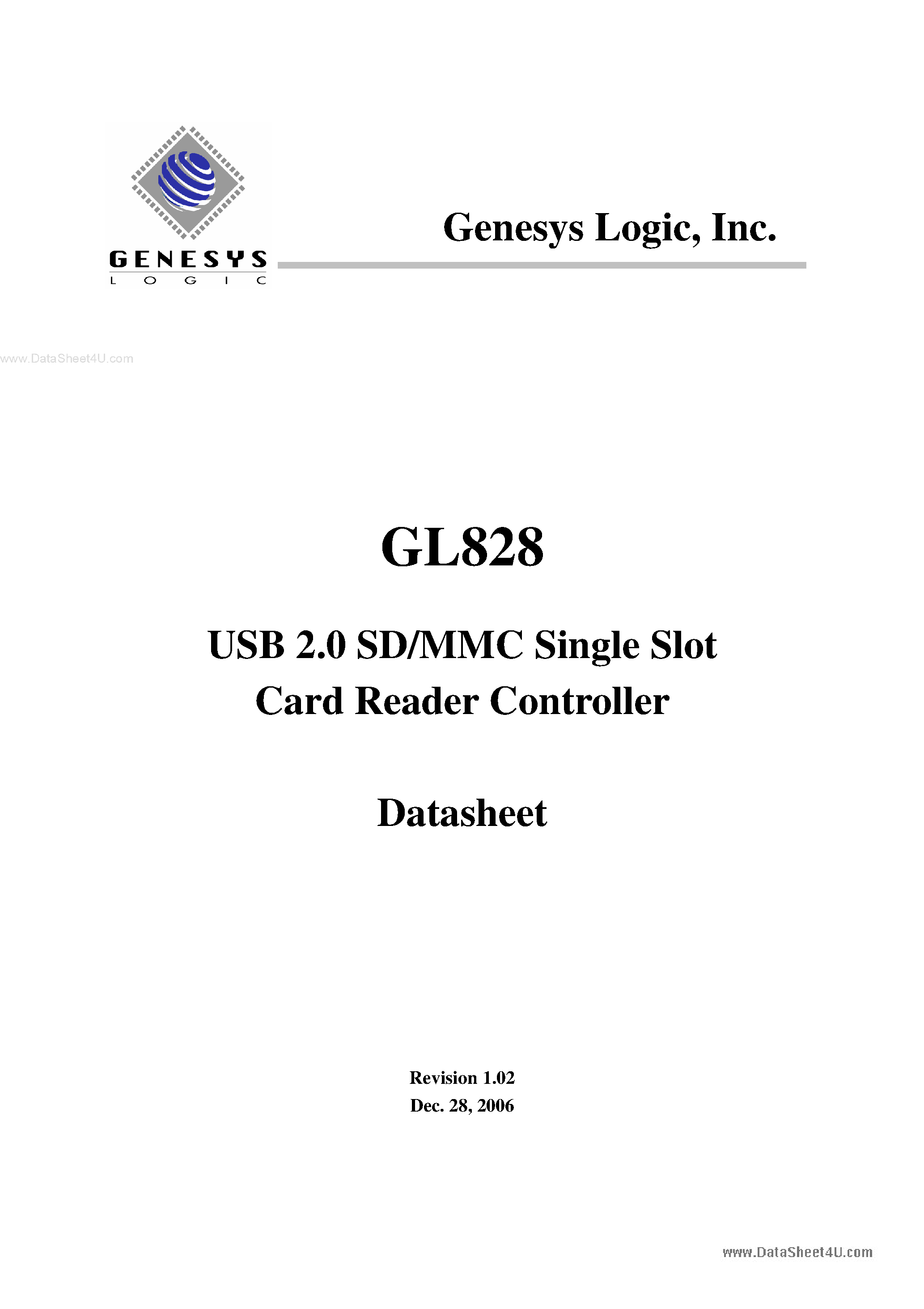 Datasheet GL828 - USB 2.0 SD/MMC Single Slot Card Reader Controller page 1